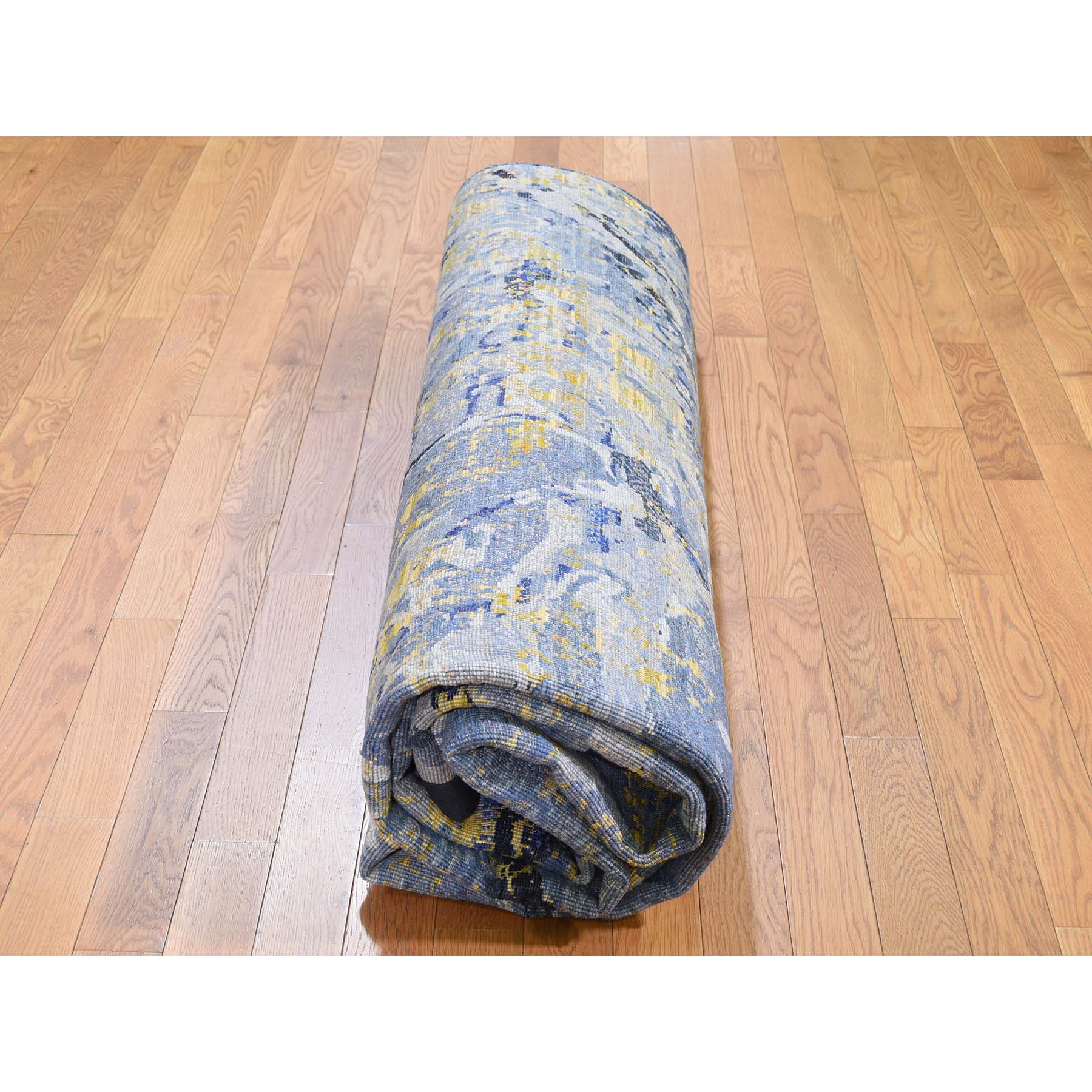 8-10 x12-5  Sari Silk With Textured Wool Yellow & Navy Blue hand-Knotted Oriental Rug 