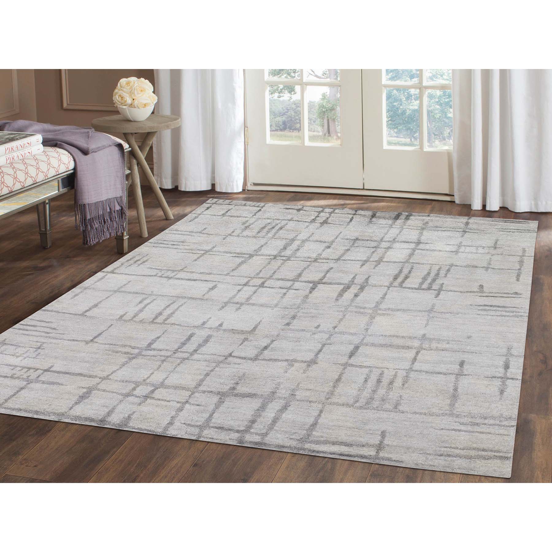 5-x6-10  Ivory, Wool and Silk Silver Broken Design Modern Hand-Knotted Rug 