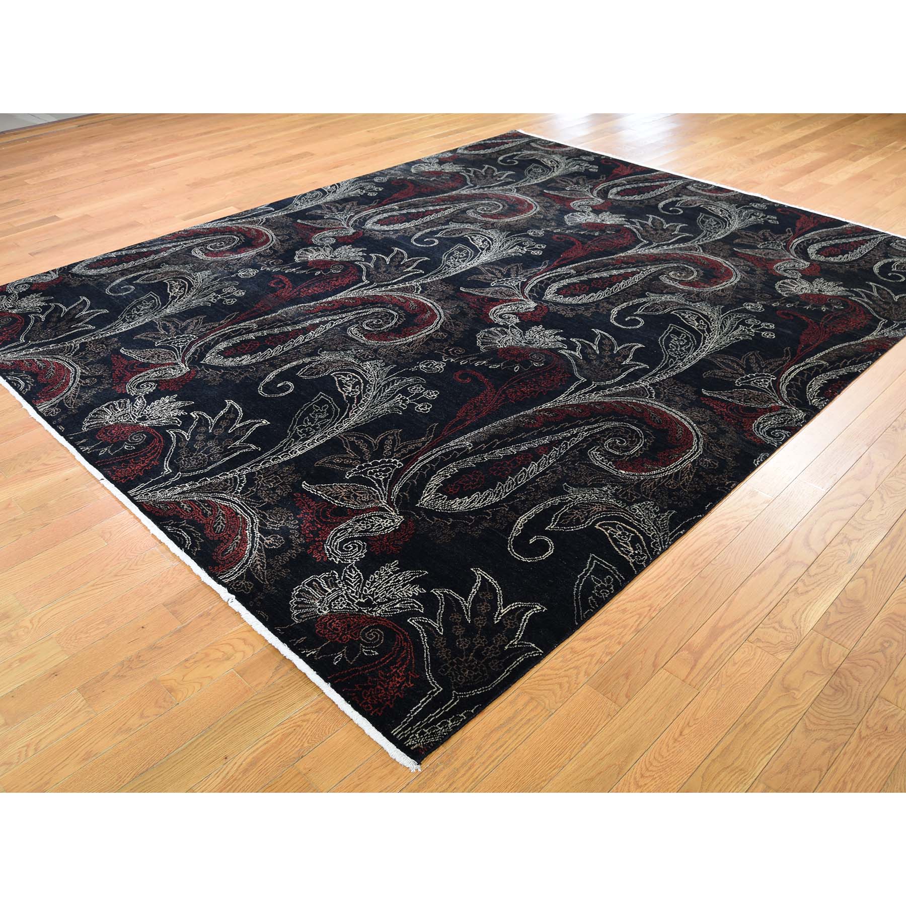 8-1 x10- Black Modern Tulip and Paisley Design Hand Knotted Oriental Rug 