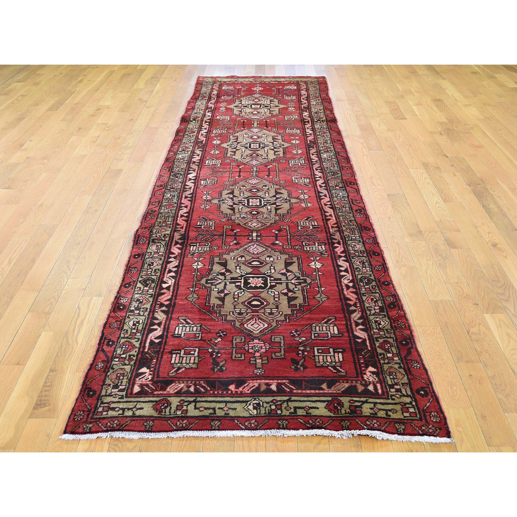 3-4 x13- Red Vintage North West Persian Bohemian Runner Pure Wool Hand-Knotted Oriental Rug 
