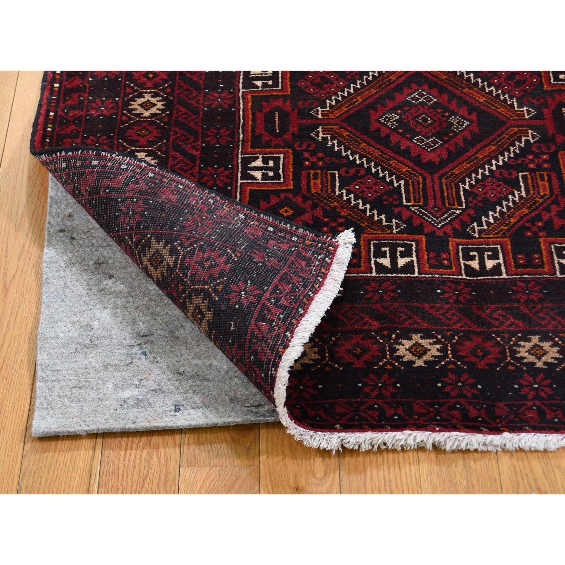 3-4 x6-5  Vintage Bohemian Persian Baluch Pure Wool Red Hand-knotted Oriental Rug 