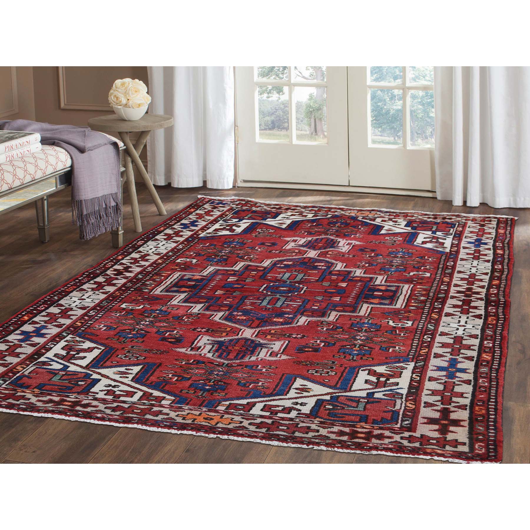 3-6 x6-9  Vintage Bohemian Persian Hamadan With Birds Red Pure Wool Hand-Knotted Oriental Rug 