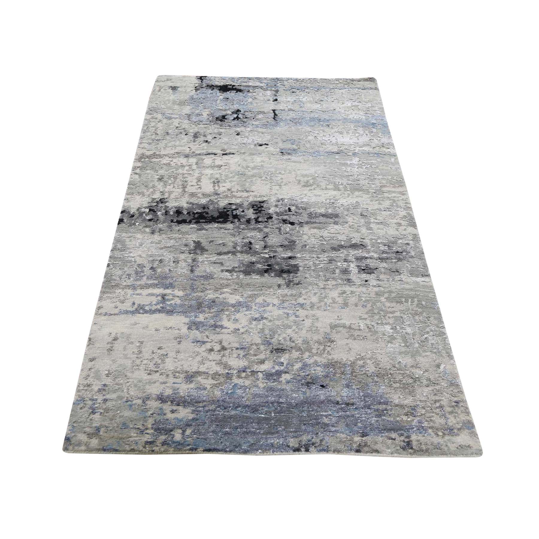 2-7 x5-9  Gray Hi low Pile Abstract Design Runner Wool And Silk Hand-Knotted Oriental Rug 