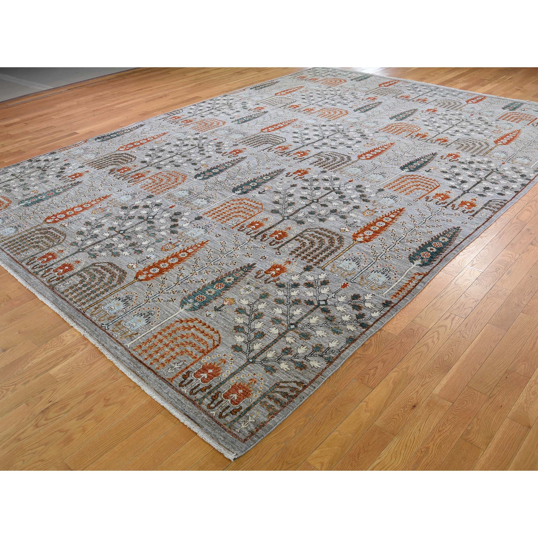 10-x14-3  Gray Peshawar Willow And Cypress Tree Design Hand-Knotted Oriental Rug 