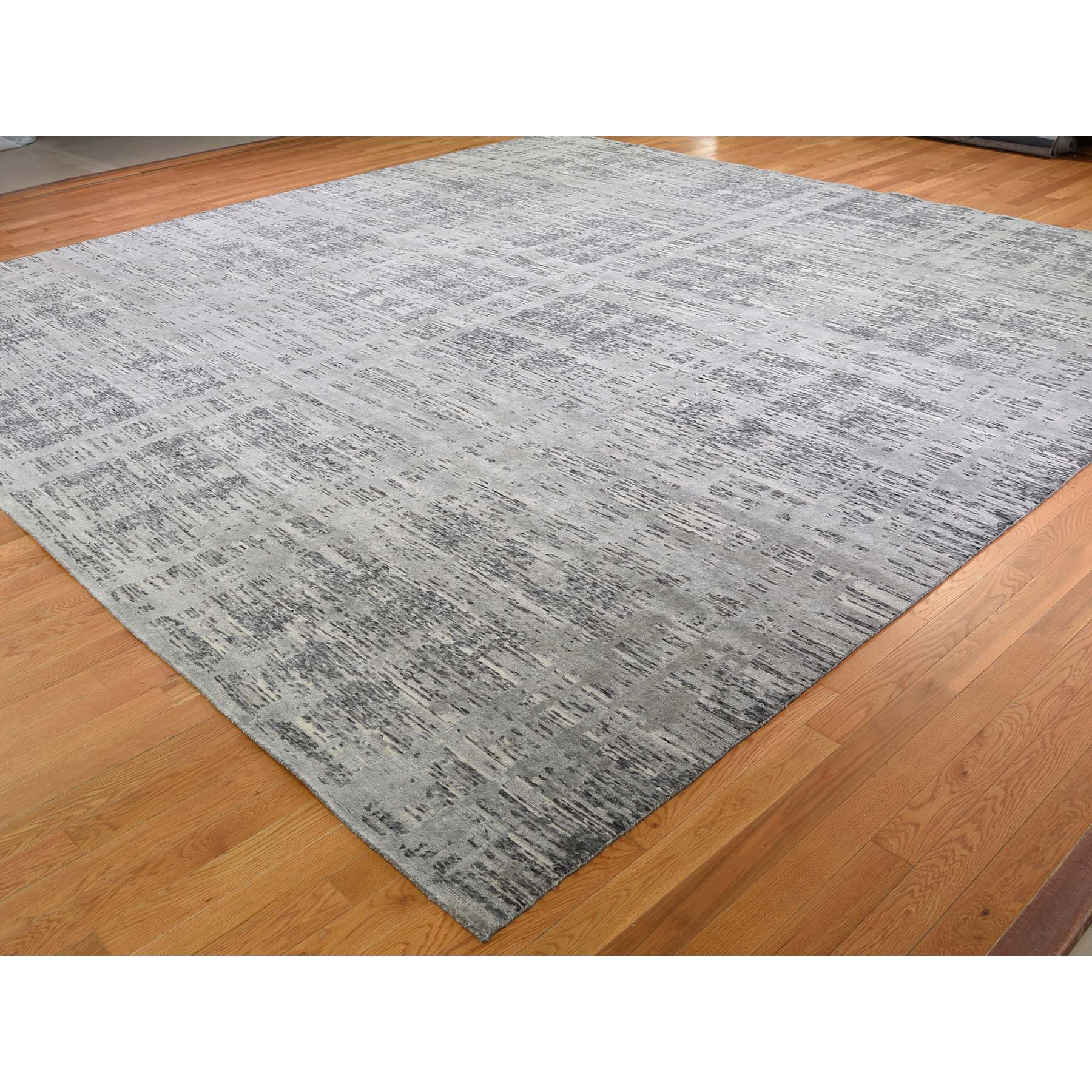 14-x14- Square Gray Hand Spun Undyed Natural Wool Modern Oriental Hand-Knotted Rug 
