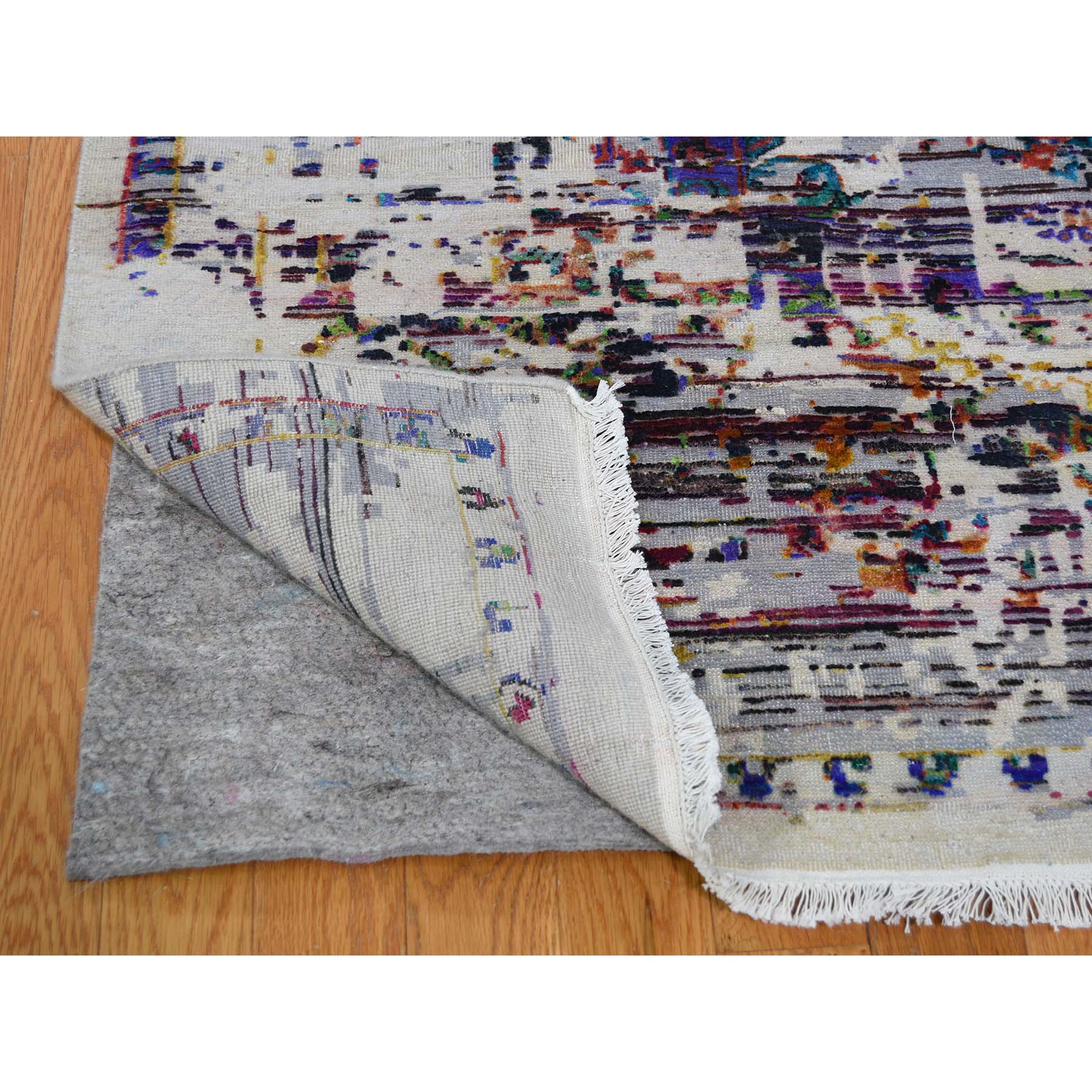9-10 x14-3  ERASED ROSSETS, Colorful Sari Silk With Textured Wool Hand-Knotted Oriental Rug 