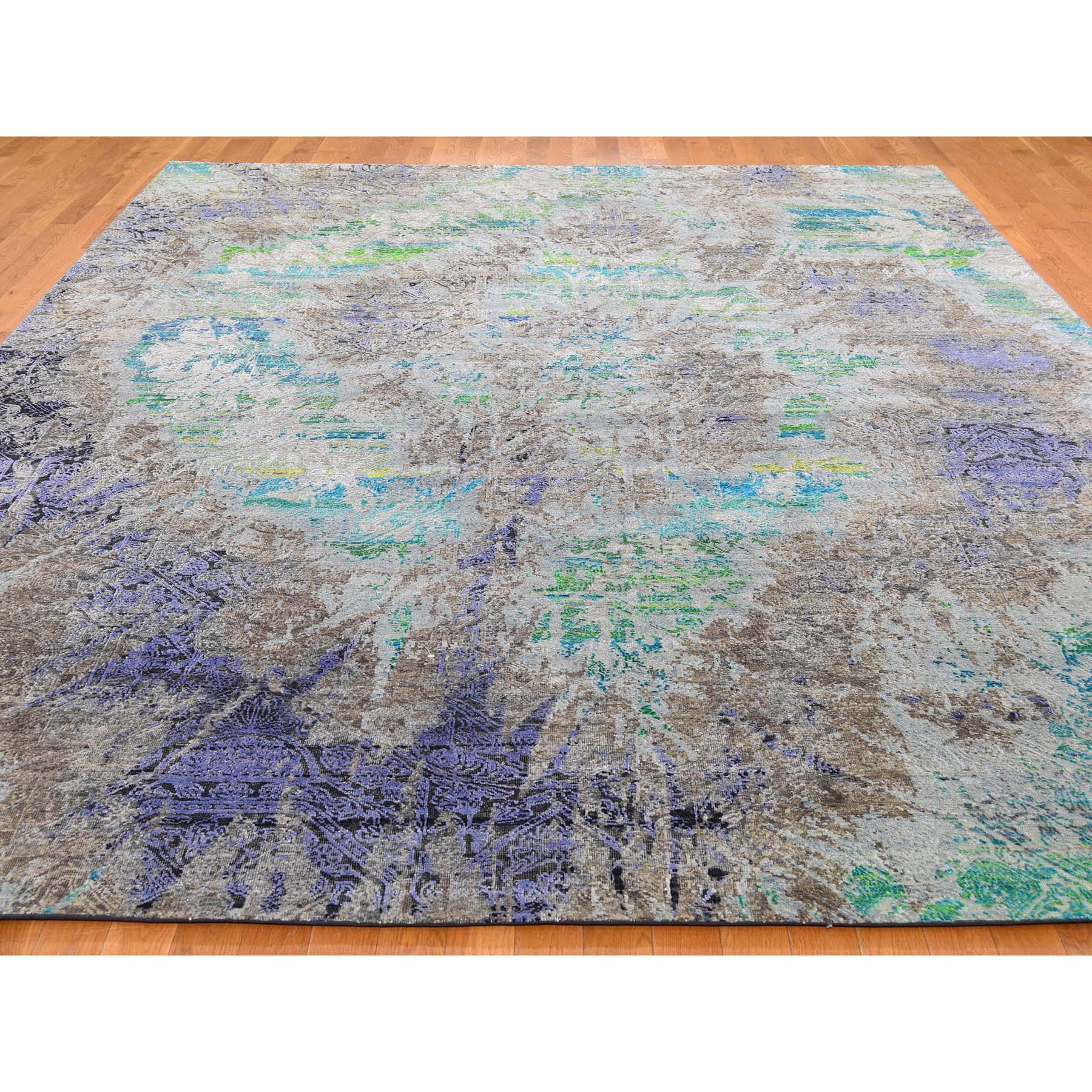 8-9 x11-10  COLORFUL DIMINISHING COINS, Sari Silk With Textured Wool Hand-Knotted Rug 