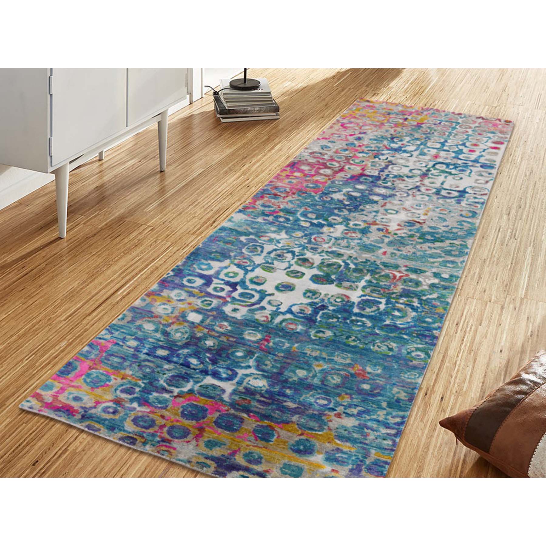 2-8 x10-4  THE PEACOCK Sari Silk Colorful Runner Hand-Knotted Oriental Rug 