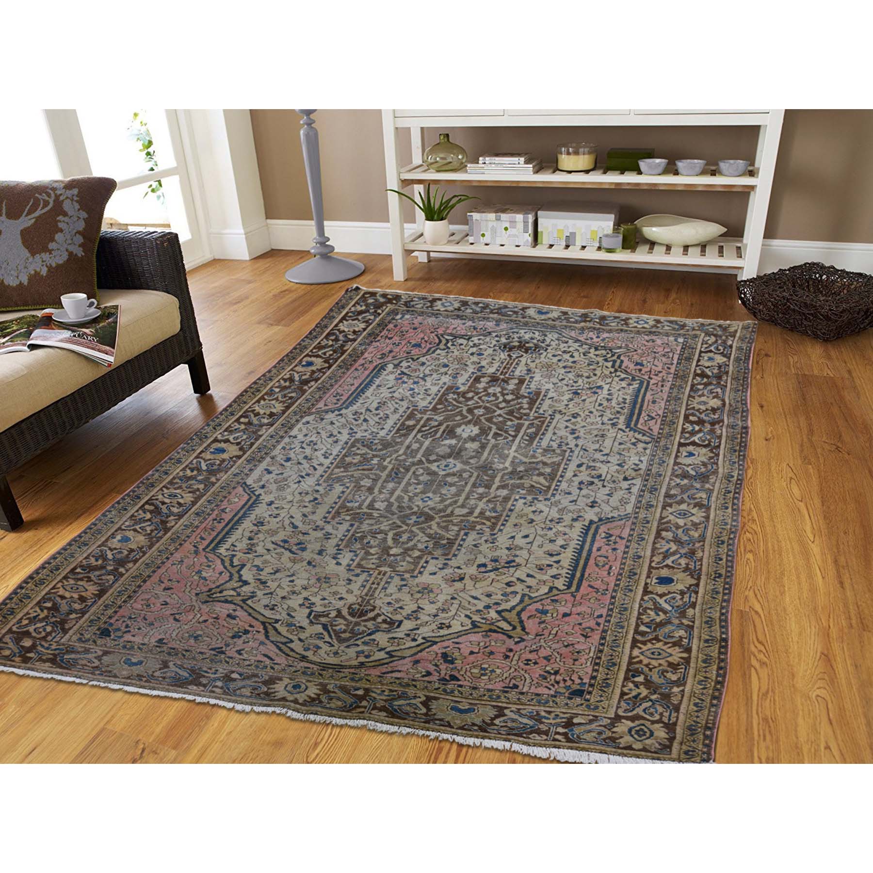 4-5 x6-6  Tan Antique Persian Sarouk Fereghan Even Wear Hand-Knotted Oriental Rug 