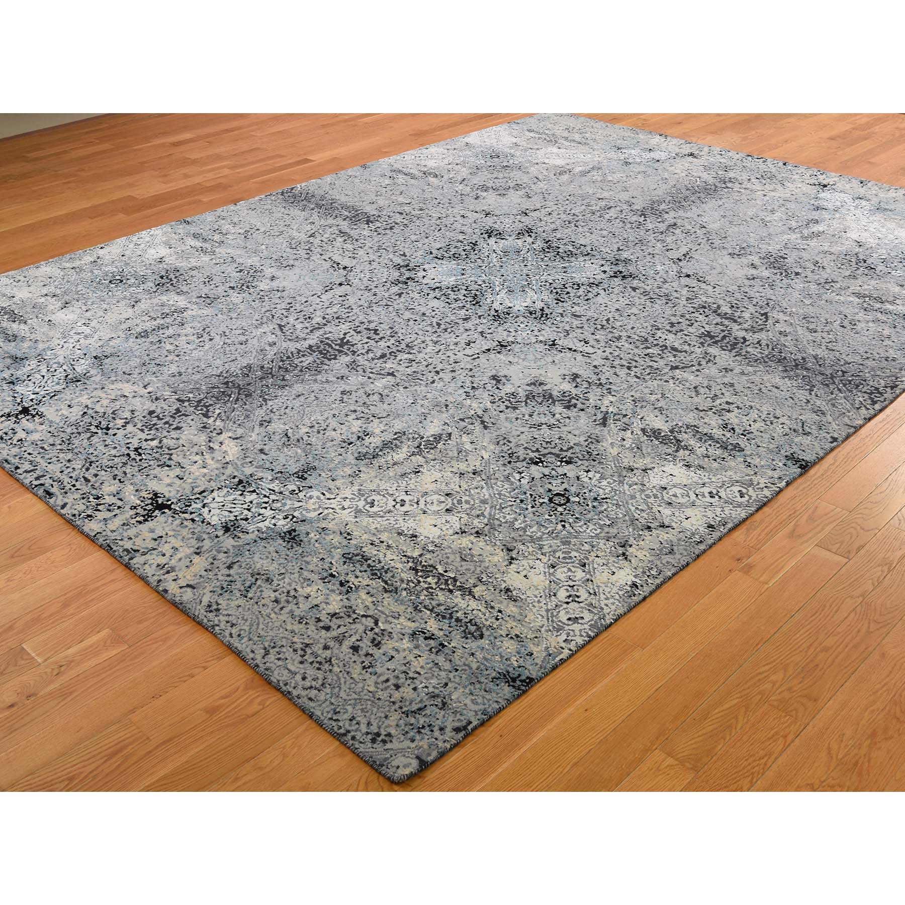 9-1 x12-2  Gray Wool And Silk Abstract Design Hand-Knotted Oriental Rug 