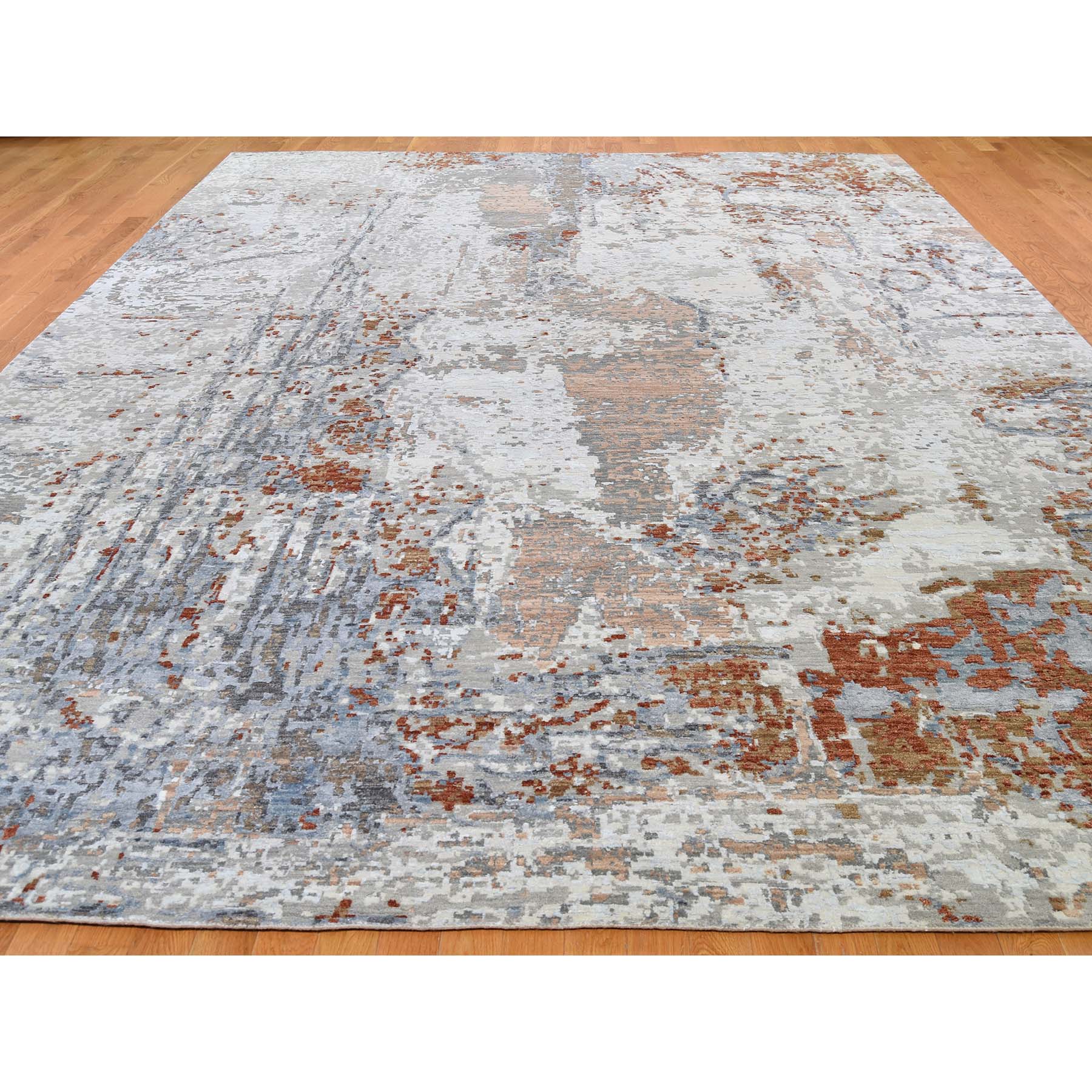 10-x13-10  Silver Hi-Low Pile Abstract Design Wool And Silk Hand-Knotted Oriental Rug 