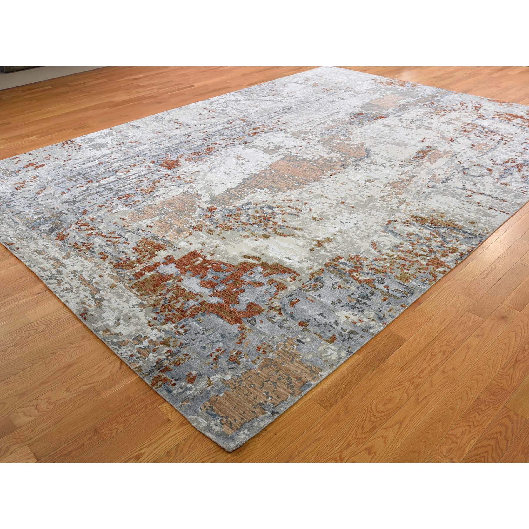 10-x13-10  Silver Hi-Low Pile Abstract Design Wool And Silk Hand-Knotted Oriental Rug 
