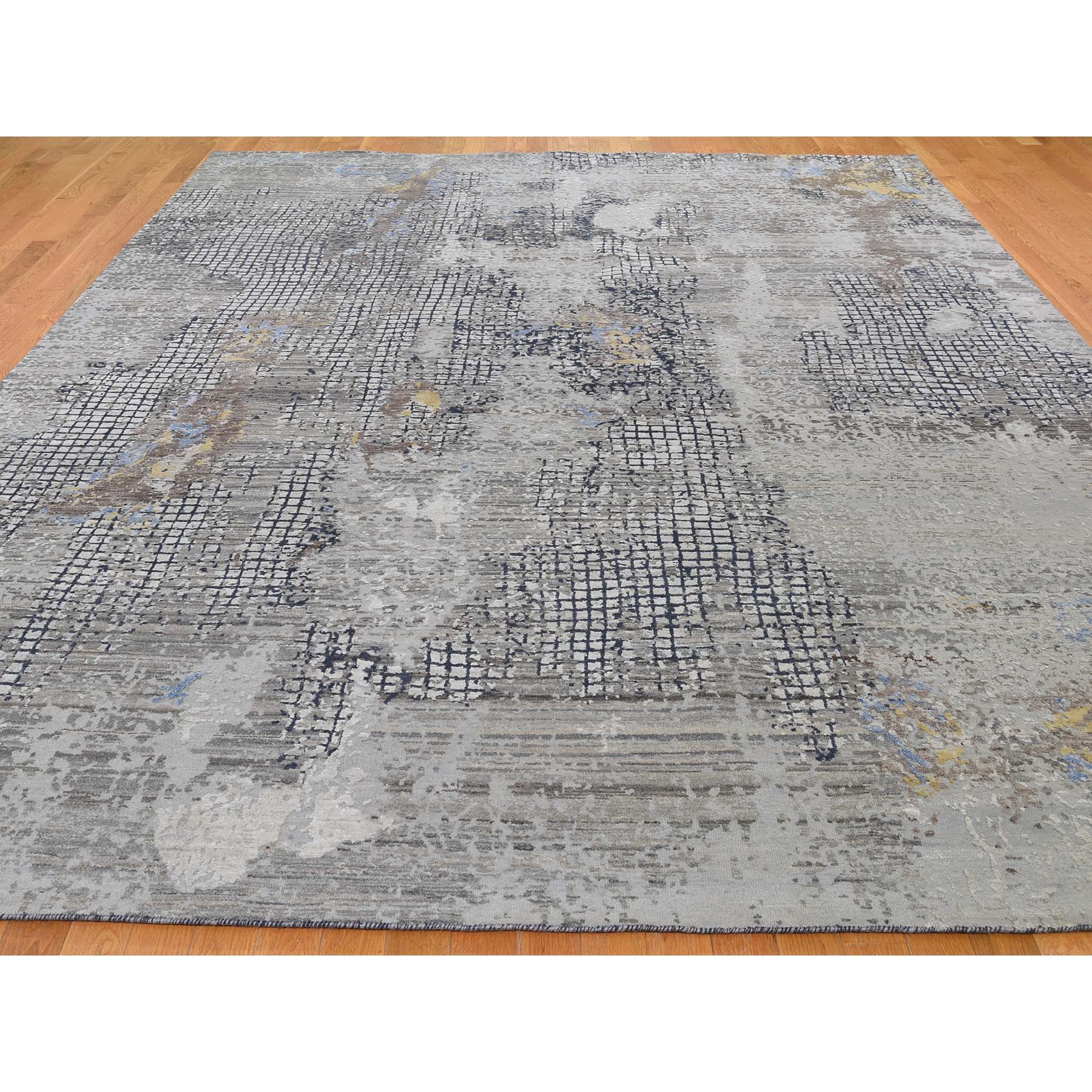 9-x12-1  Gray Modern Mosaic Broken Design Wool and Silk Hand-Knotted Oriental Rug 