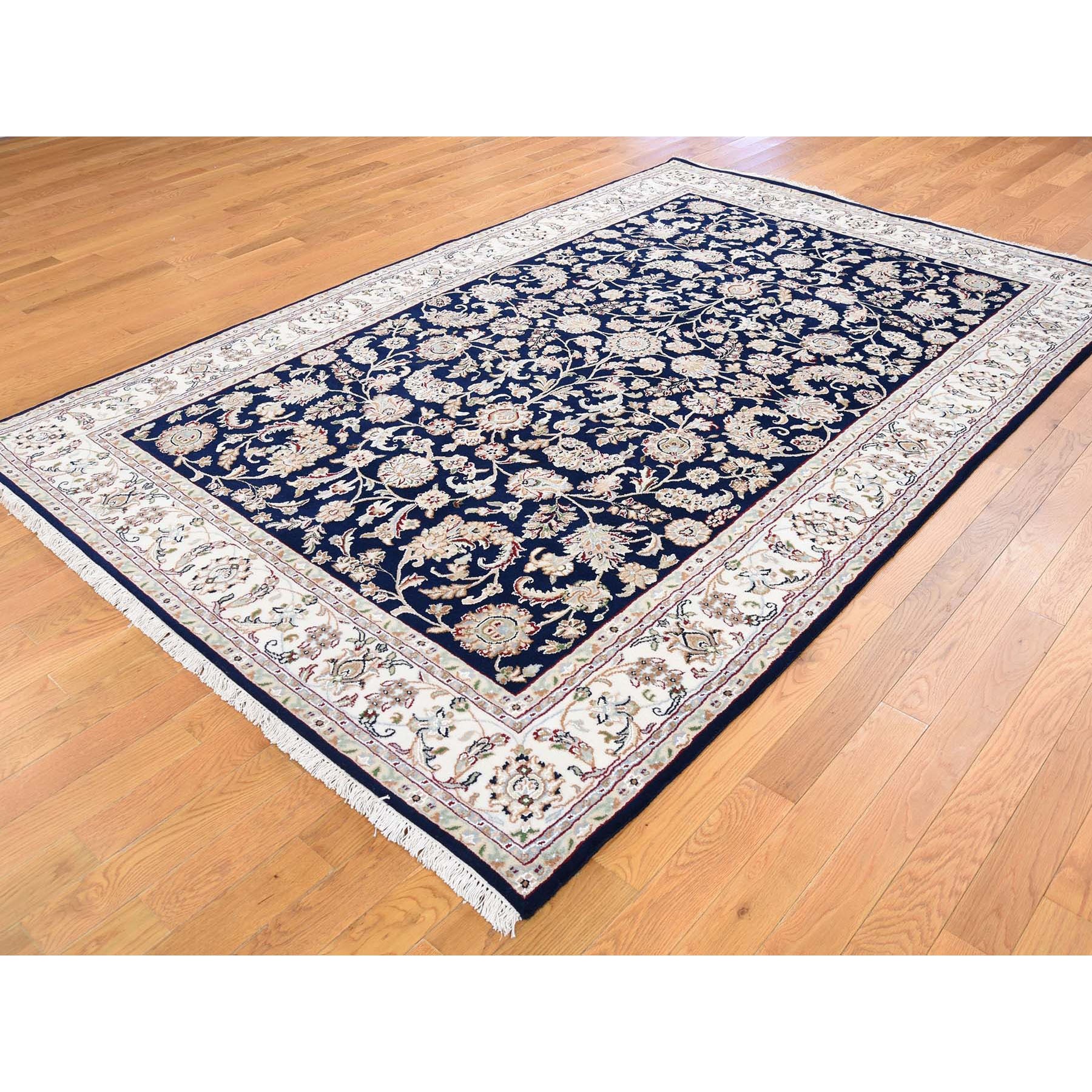 6-1 x9- Wool and Silk 250 KPSI All Over Design Navy Blue Nain Hand-Knotted Oriental Rug 