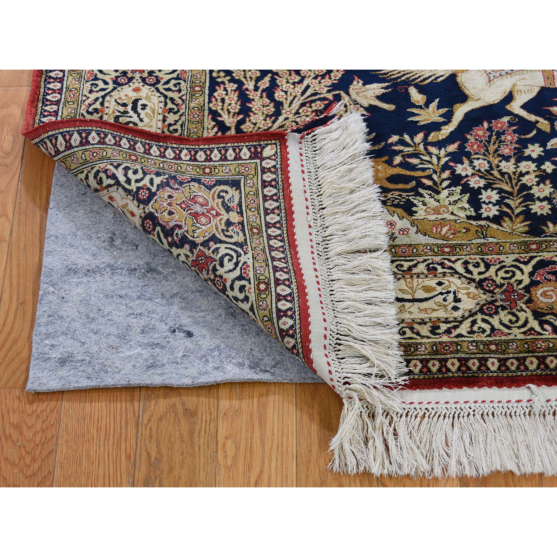 4-4 x6-8  Navy Blue Vintage Persian Silk Qum Hunting Design With Poetry Hand-Knotted Oriental Rug 