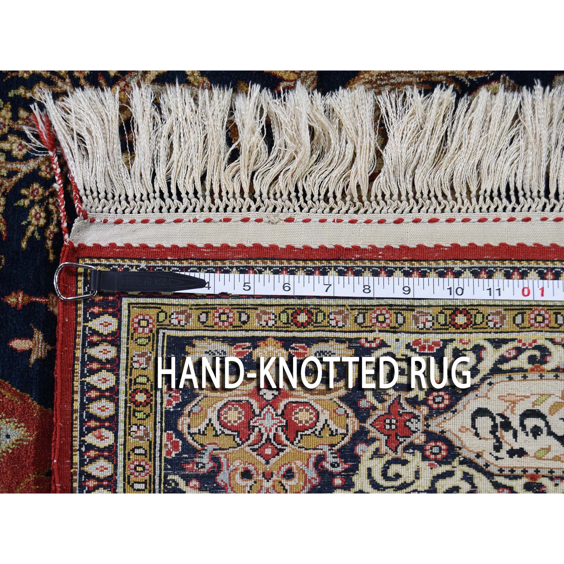 4-4 x6-8  Navy Blue Vintage Persian Silk Qum Hunting Design With Poetry Hand-Knotted Oriental Rug 