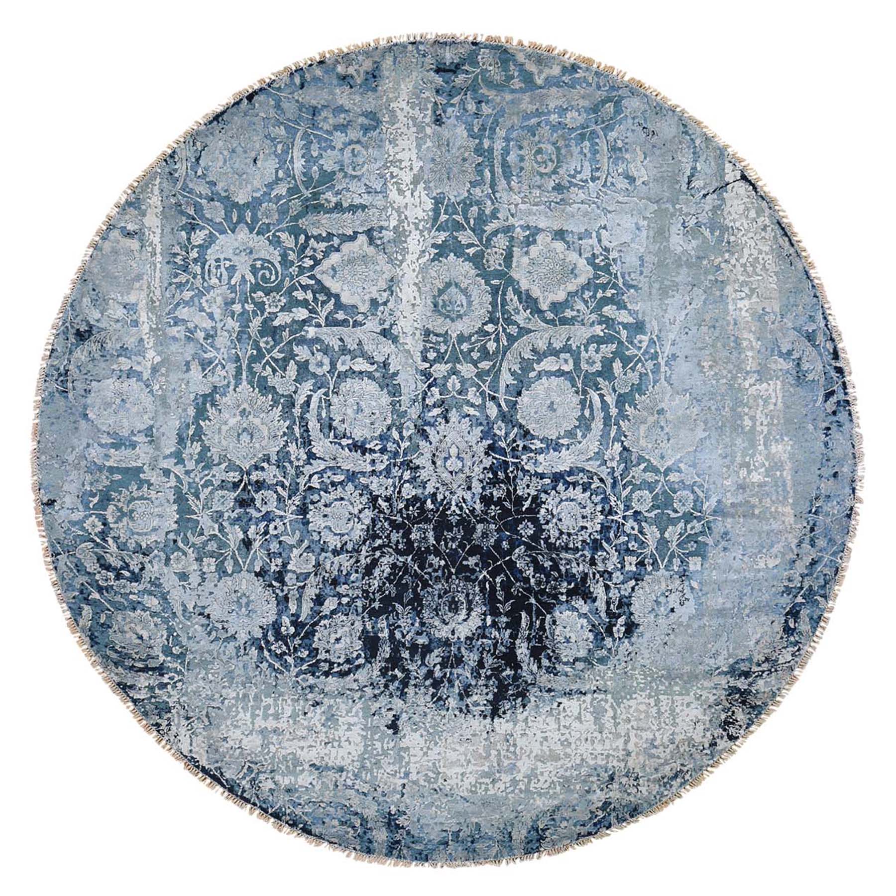 10-x10- Round Wool And Silk Erased Broken Persian Tabriz Design Hand-Knotted Oriental Rug 