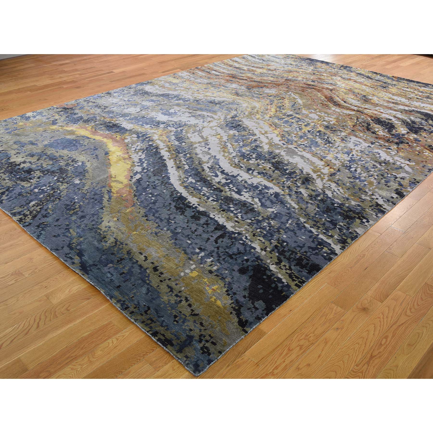 10-x14-  Abstract With Wave Design Wool And Pure Silk Hand-Knotted Oriental Rug 