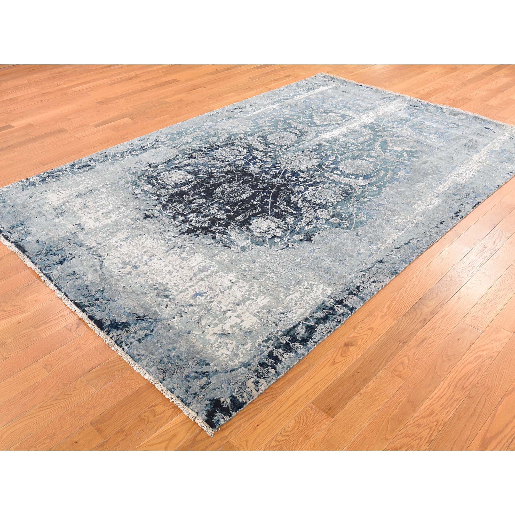 6-x9-2  Blue Persian Tabriz Erased Design Wool And Silk Hand-Knotted Oriental Rug 