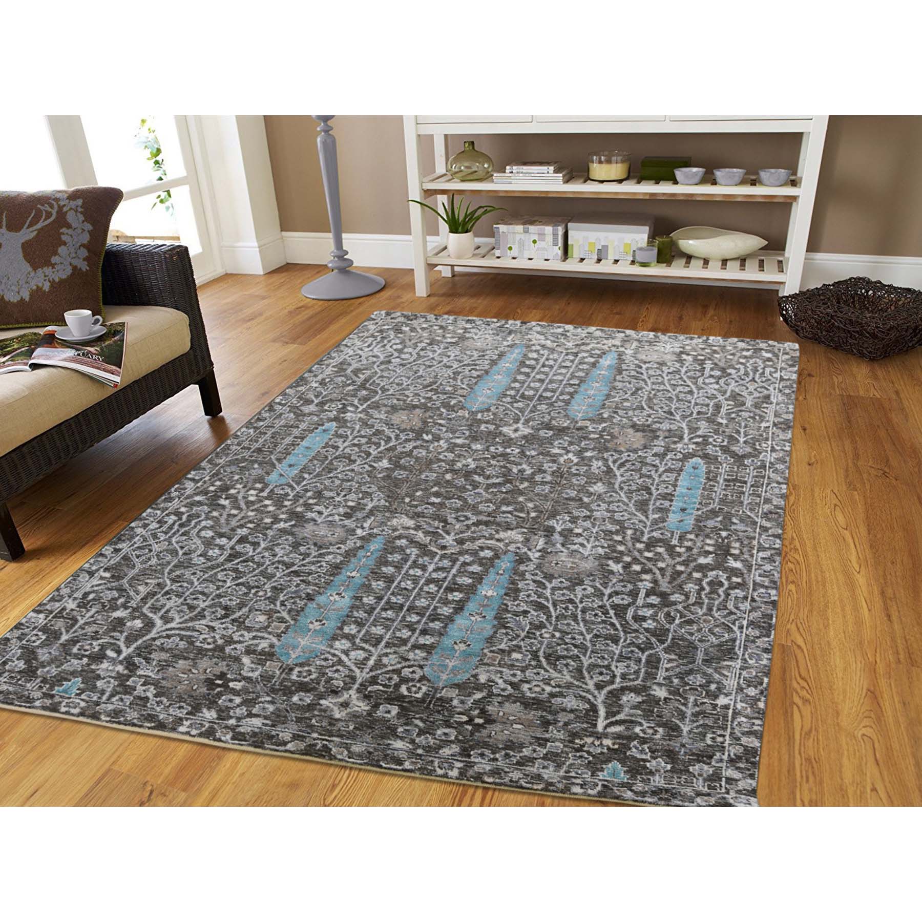 4-2 x6- Hand-Knotted Cypress Tree Design Silk with Textured Wool Oriental Rug 