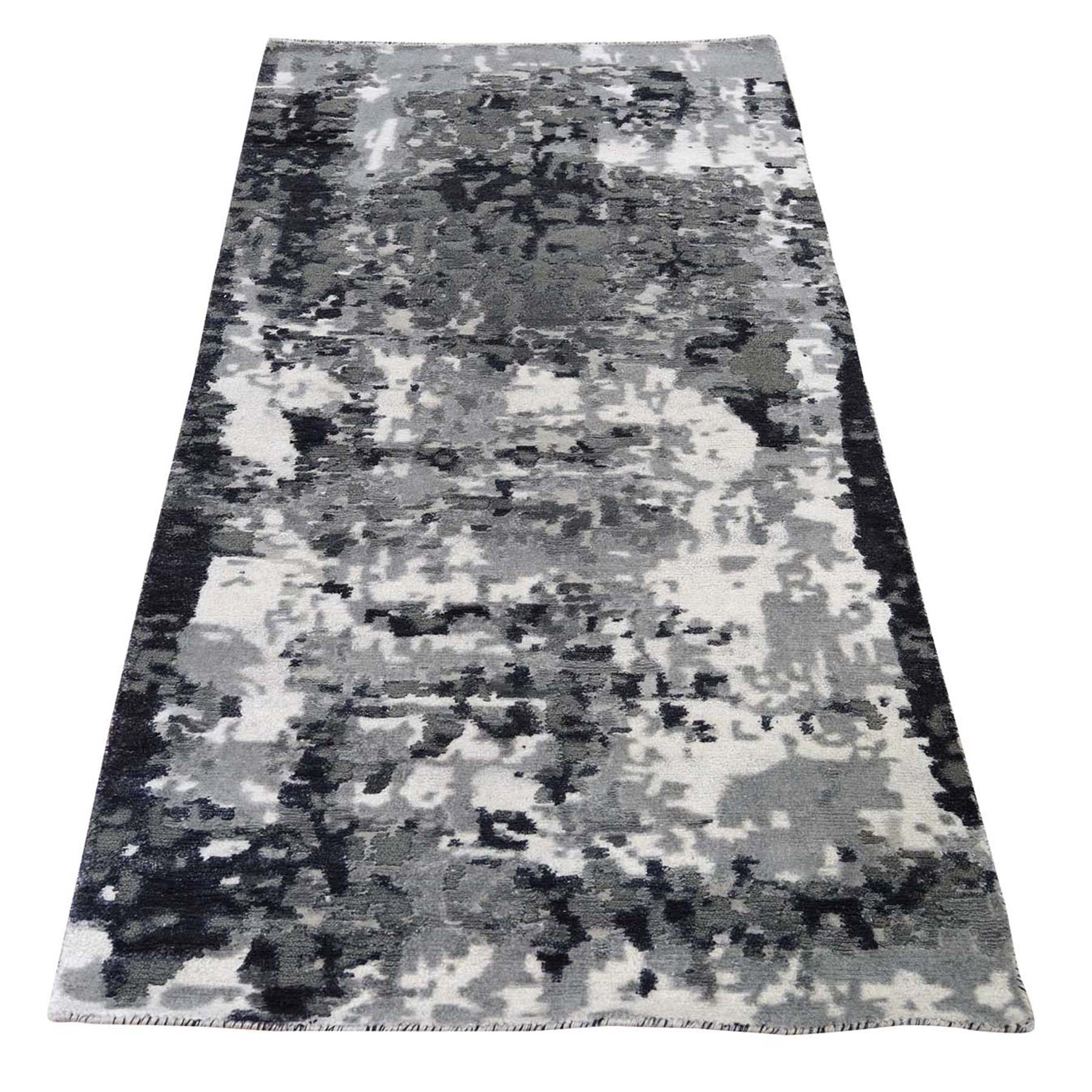2'7"X5'9" Hi-Low Pile Abstract Design Wool And Silk Runner Hand-Knotted Oriental Rug moad6ccd