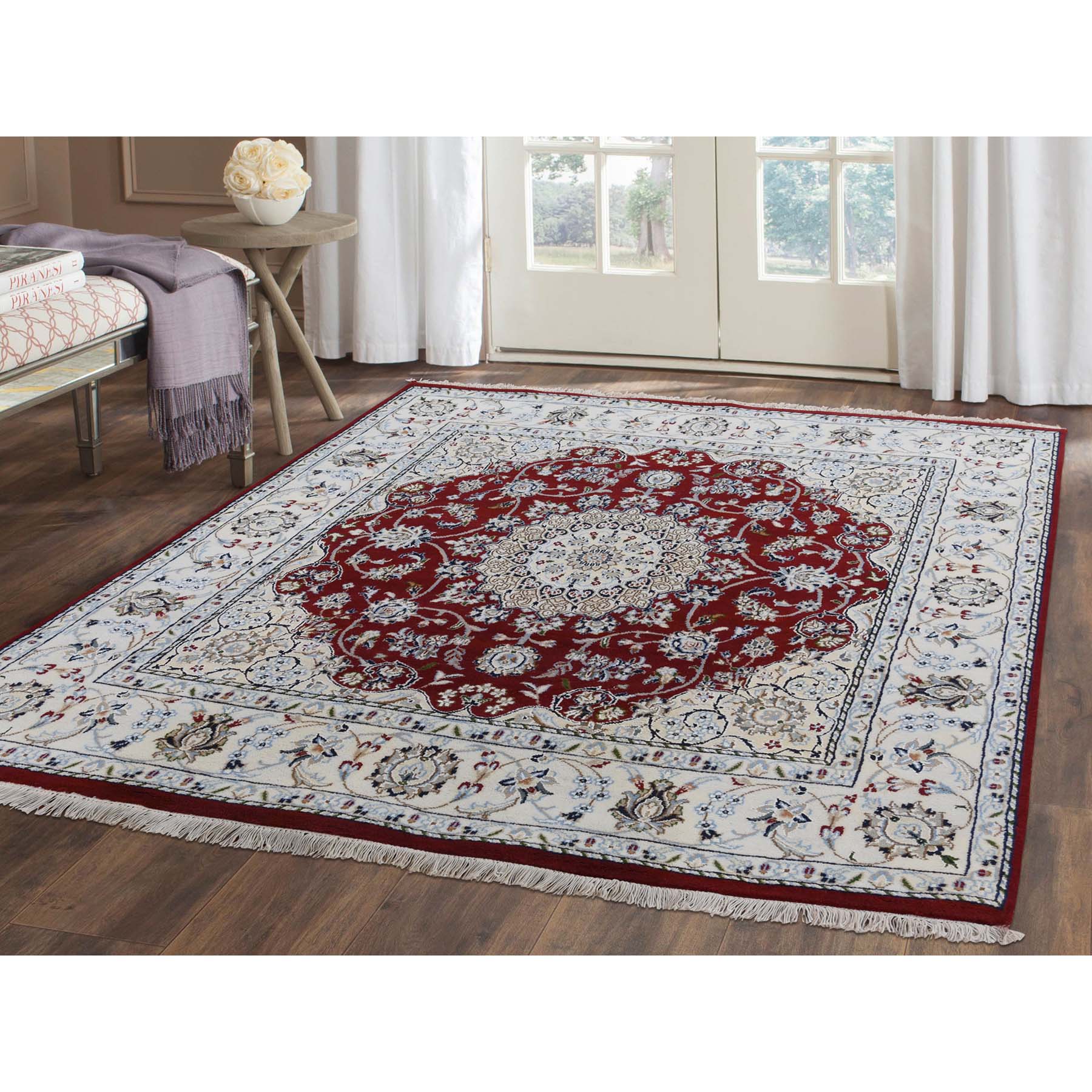 5-x5- Square Wool and Silk 250 KPSI Red Nain Hand-Knotted Oriental Rug 