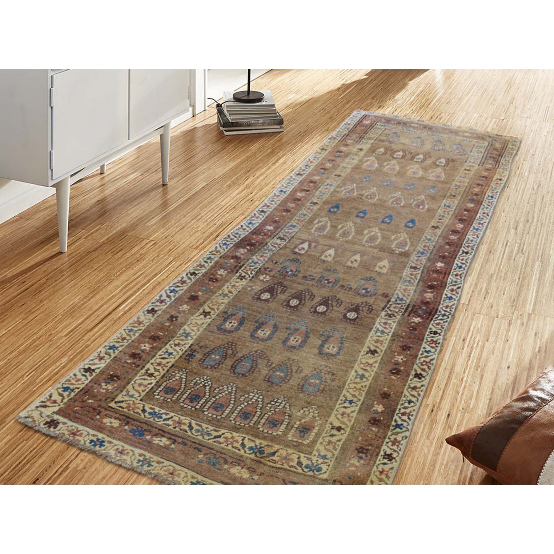 3-9 x10-7  Antique Persian North West Boteh Design Camel Hair Wide Runner Hand-Knotted Oriental Rug 