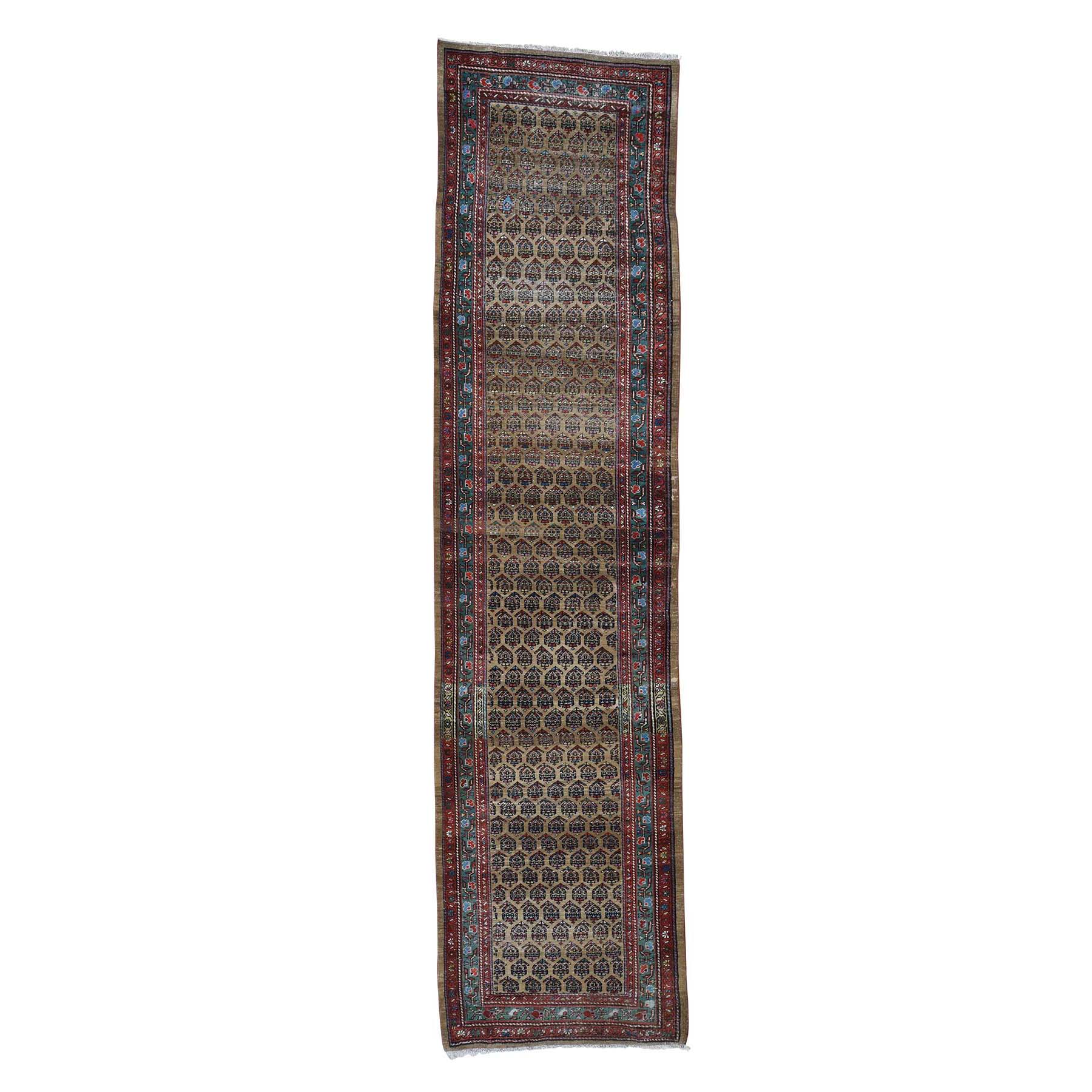 3'3"X13' Antique Persian Heriz Worn Pile Camel Hair Some Wear Runner Hand-Knotted Oriental Rug moad6dca
