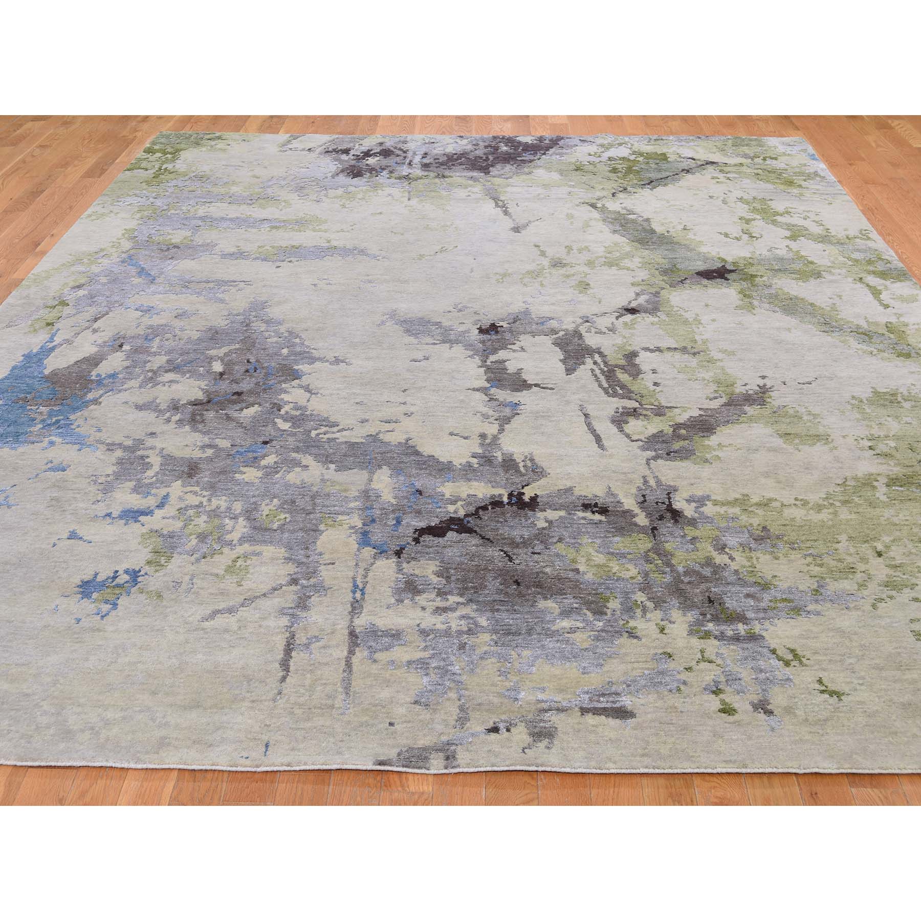 9-1 x11-10  Gray Abstract Paint Brush Design Wool and Silk Hand-Knotted Oriental Rug 