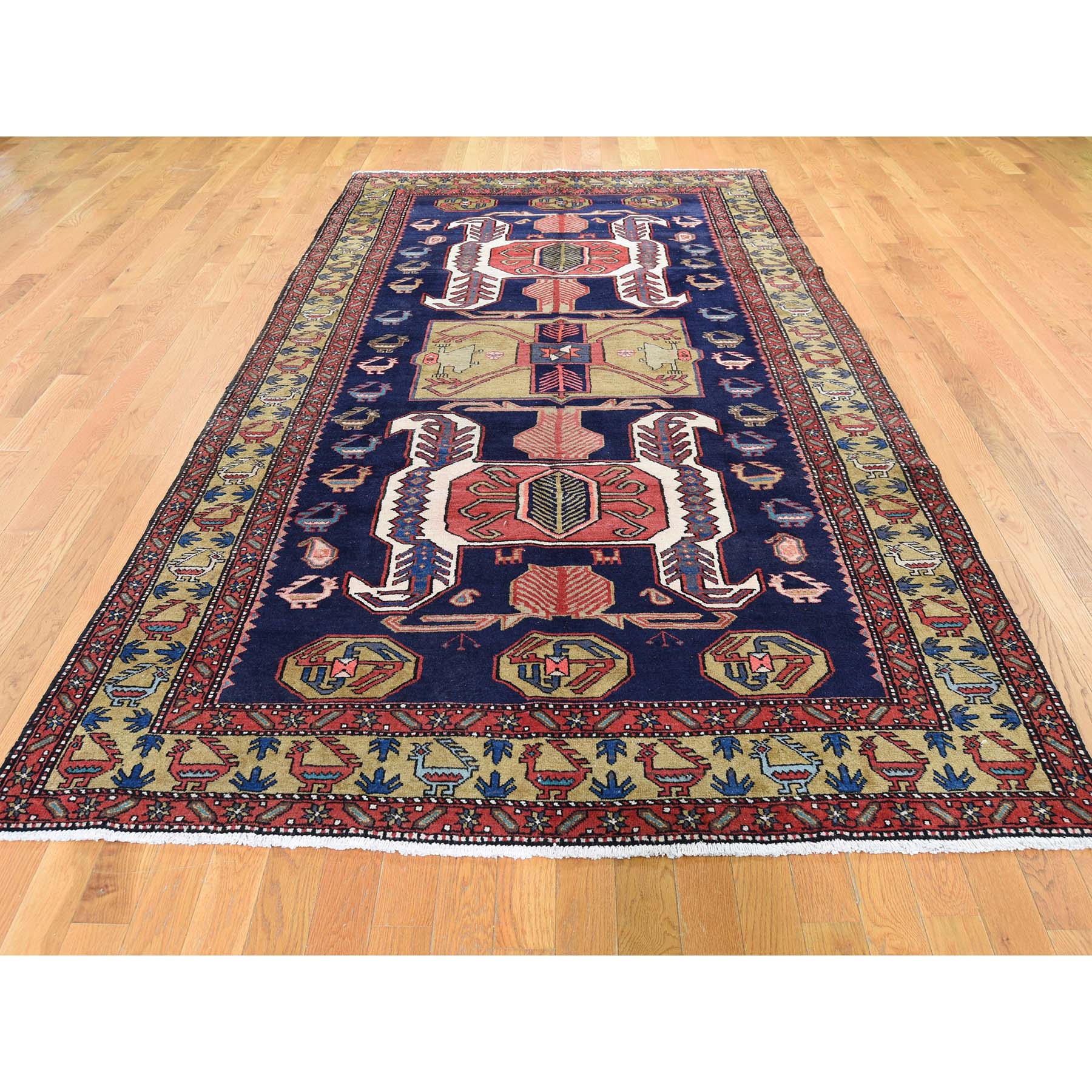5-7 x11- Vintage North West Persian With Ancient Peacocks Figure Motifs  Wide Gallery Runner Hand-Knotted Oriental Rug 