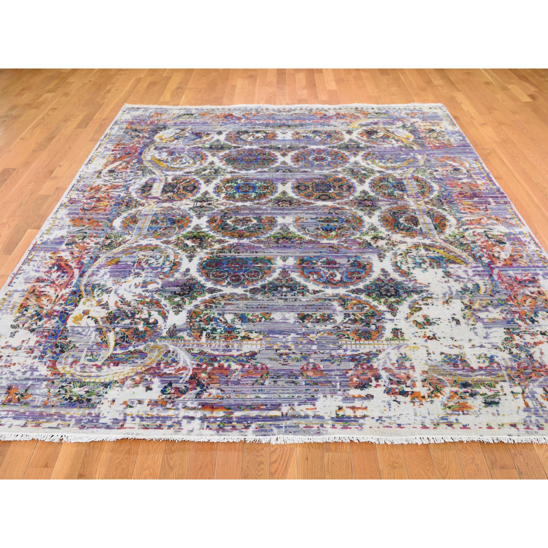 8-x10- ERASED ROSSETS, Colorful Sari Silk With Textured Wool Hand-Knotted Oriental Rug 