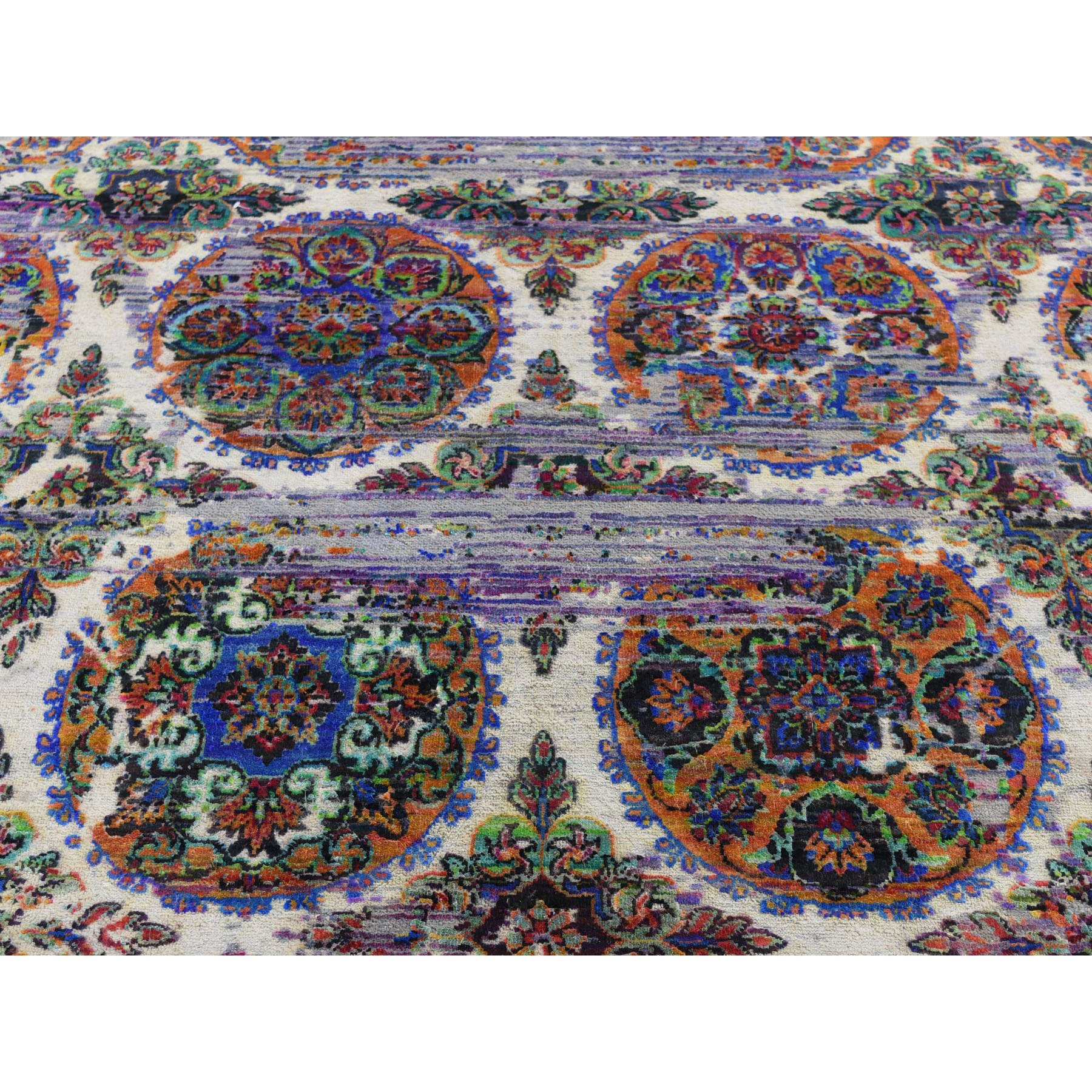 8-x10- ERASED ROSSETS, Colorful Sari Silk With Textured Wool Hand-Knotted Oriental Rug 