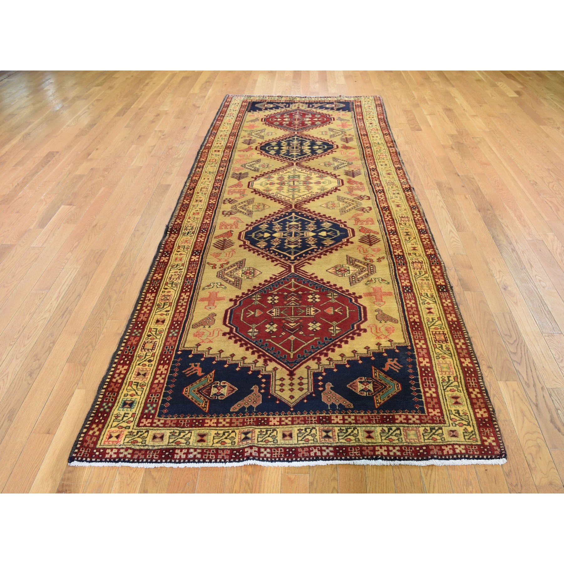 4-5 x10-10   Gallery Size Gold Vintage North West Persian With Birds Hand Knotted Oriental Rug 