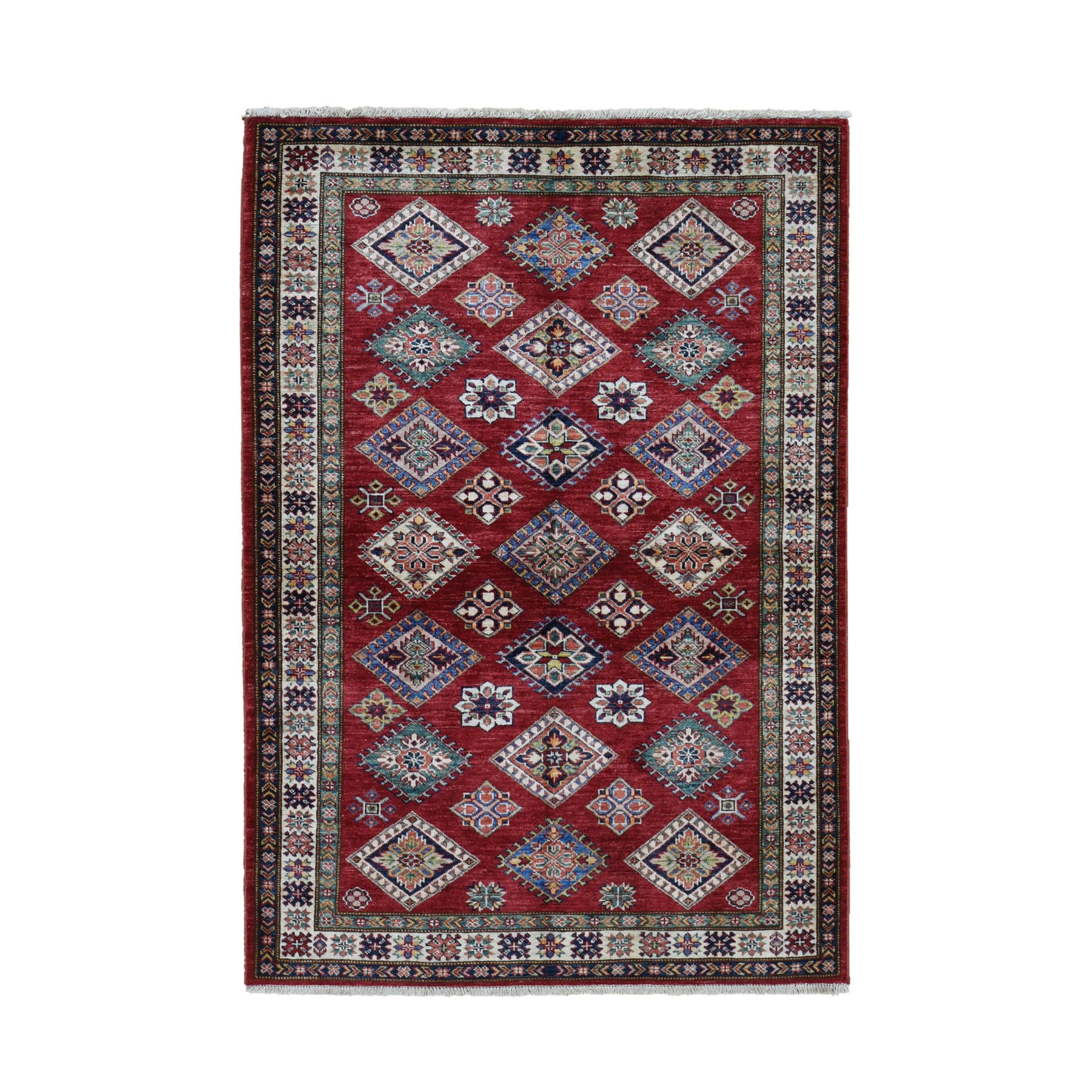 4'X5'7" Red Super Kazak Pure Wool Geometric Design Hand Knotted Oriental Rug moad7ad8