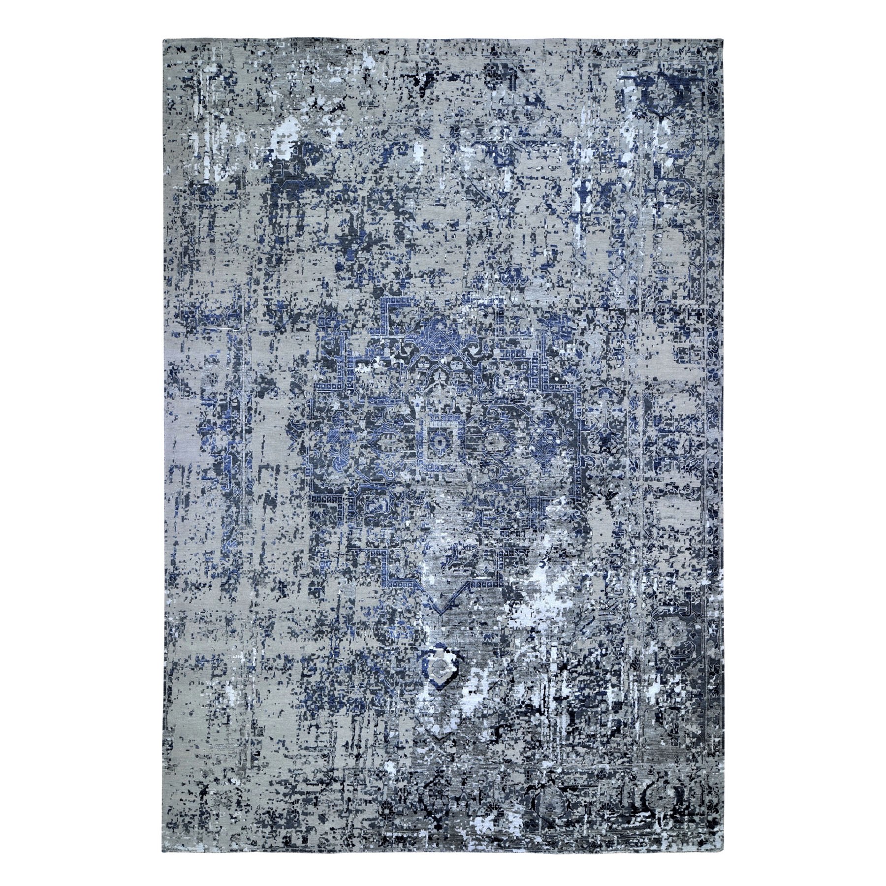10'X14' Blue-Gray Erased Heriz Design Wool And Silk Hand-Knotted Oriental Rug moad7a87