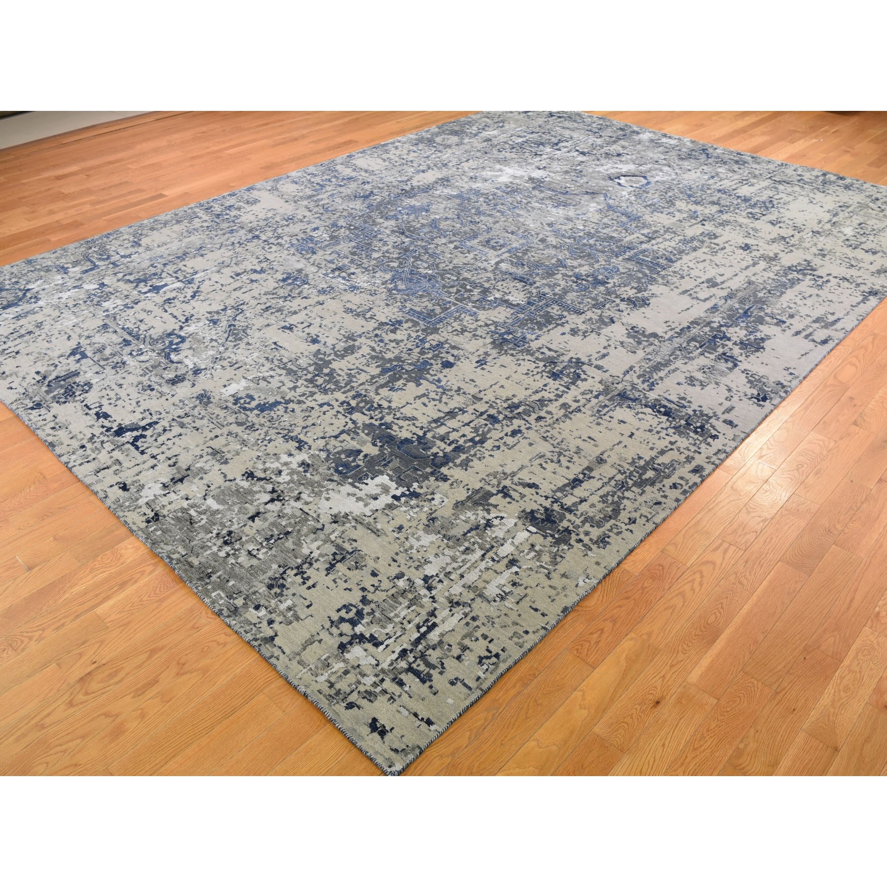 10-x14- Blue-Gray Erased Heriz Design Wool and Silk Hand-Knotted Oriental Rug 