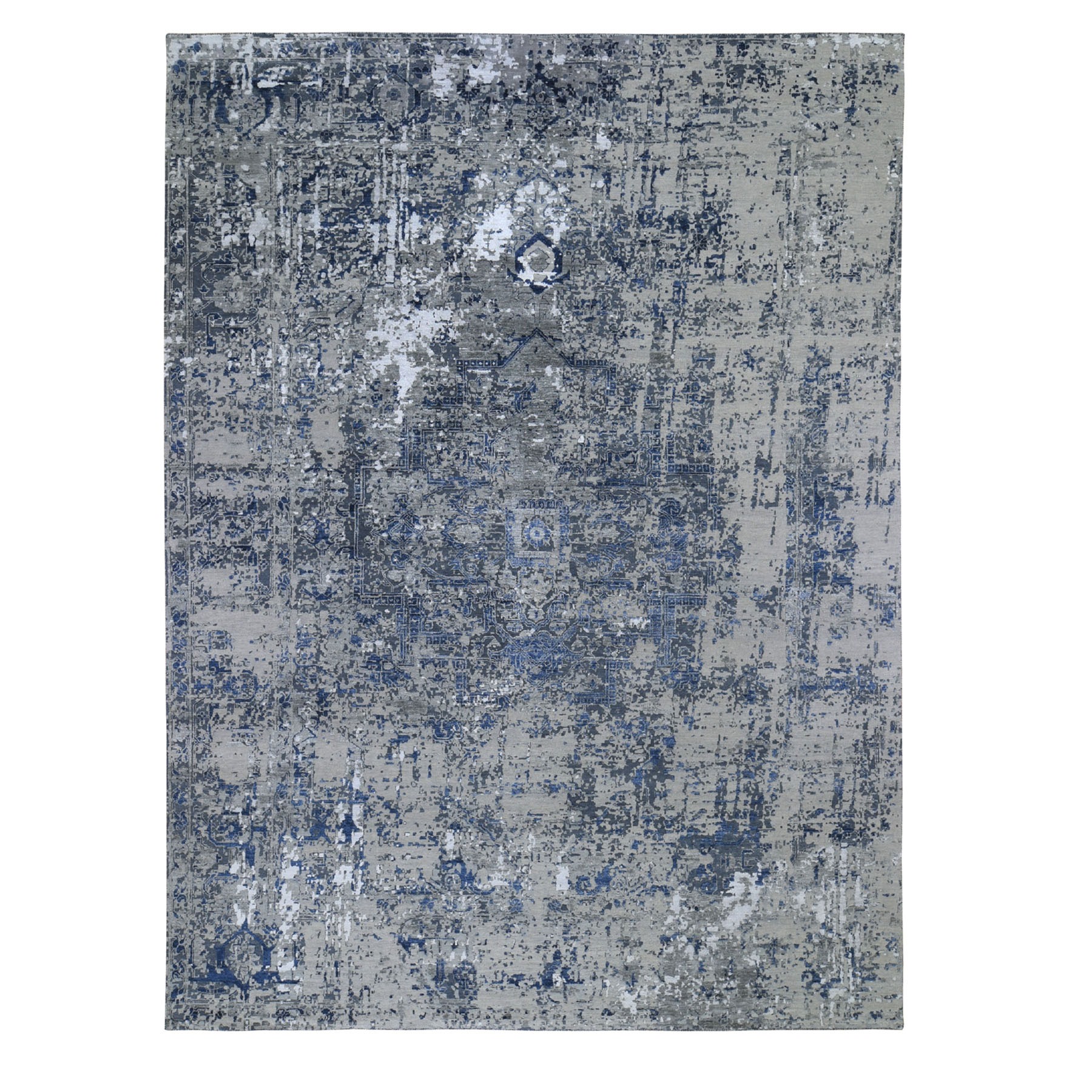 9'X12' Blue-Gray Erased Heriz Design Wool And Silk Hand-Knotted Fine Oriental Rug moad7a89