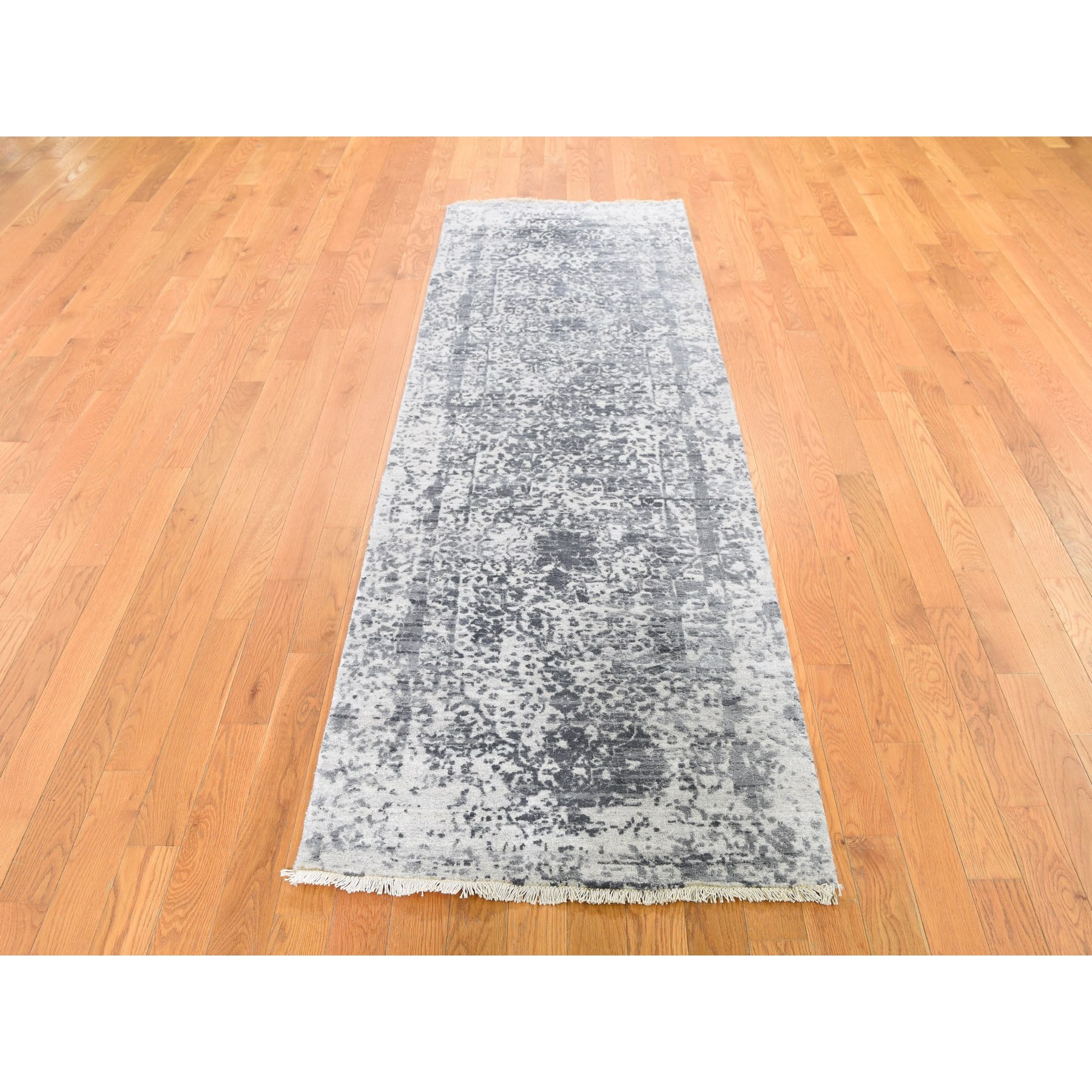 2-7 x7-10  Hand-Knotted Broken Persian Design Wool And Pure Silk Grey Oriental Runner Rug 