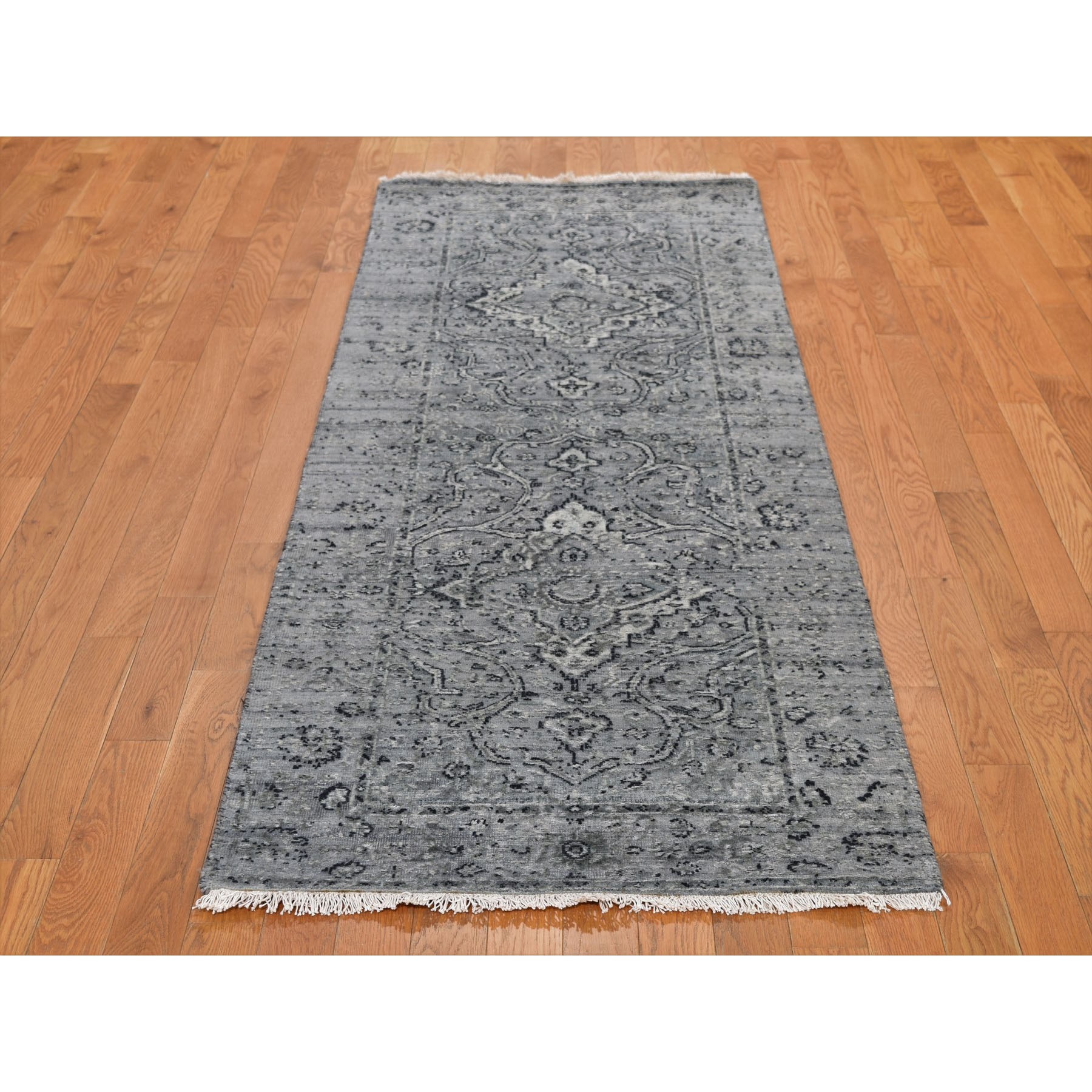 2-9 x7-10  Gray Broken Persian Erased Design Pure Silk With Textured Wool Runner Hand-Knotted Oriental Rug 
