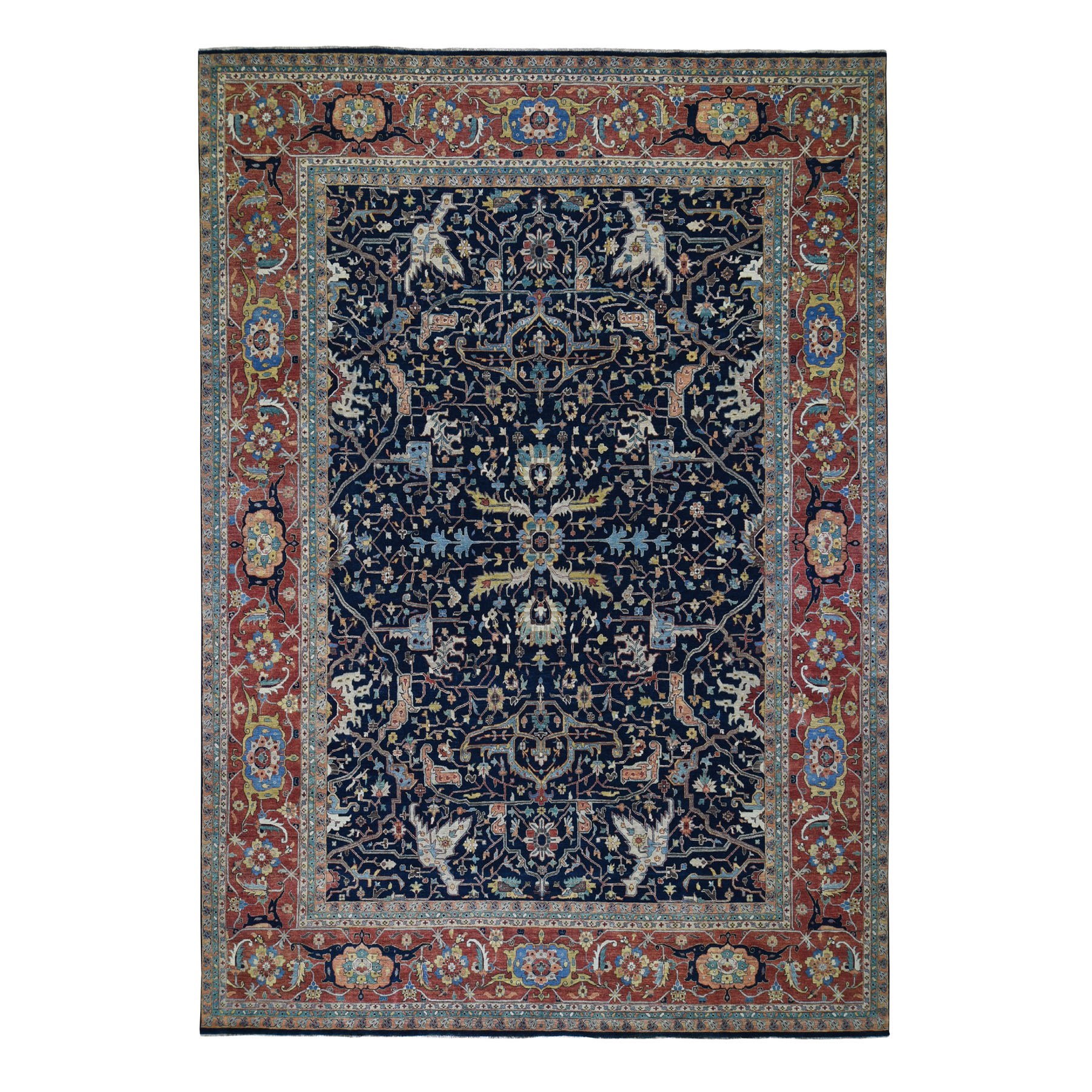 11'10"X15' Blue Oversized Antiqued Heriz Re-Creation Pure Wool Hand Knotted Oriental Rug moad7c09