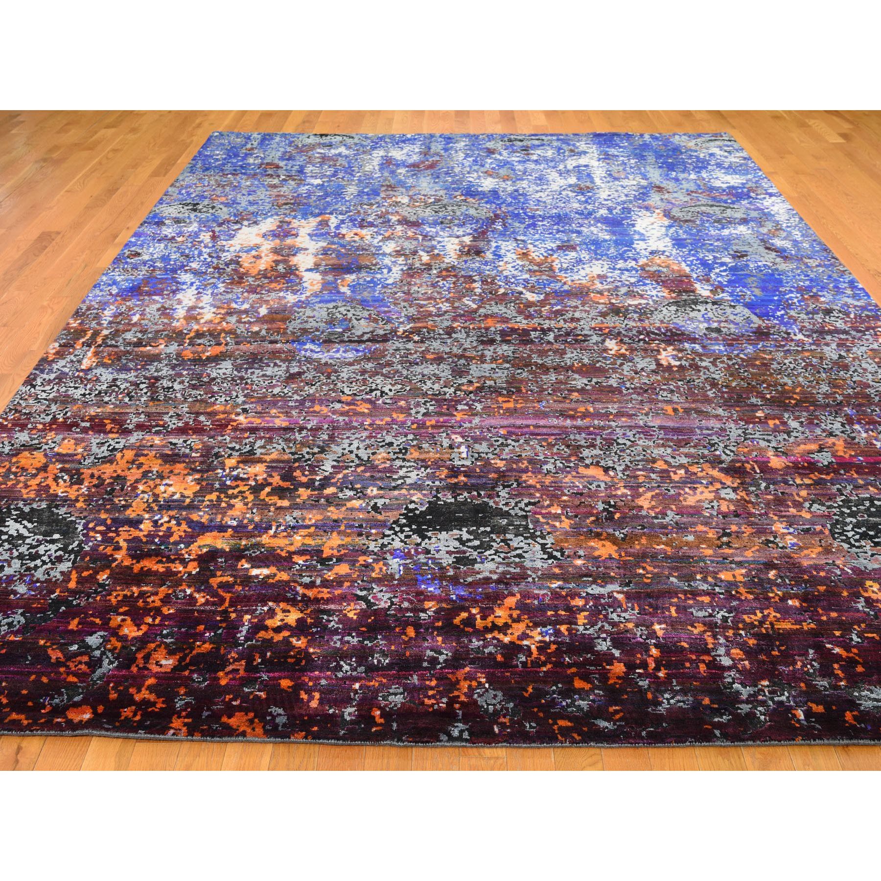 8-10 x12- Hand Knotted Blue Galactical Modern Sari Silk and Textured Pile Oriental Rug 