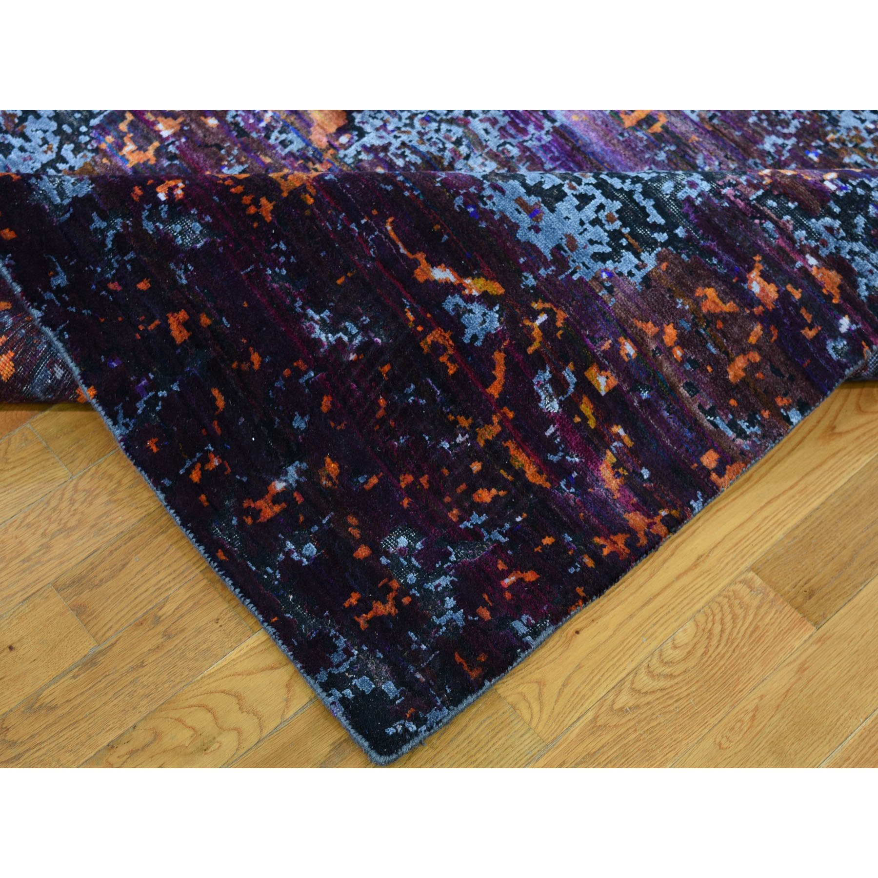 8-10 x12- Hand Knotted Blue Galactical Modern Sari Silk and Textured Pile Oriental Rug 