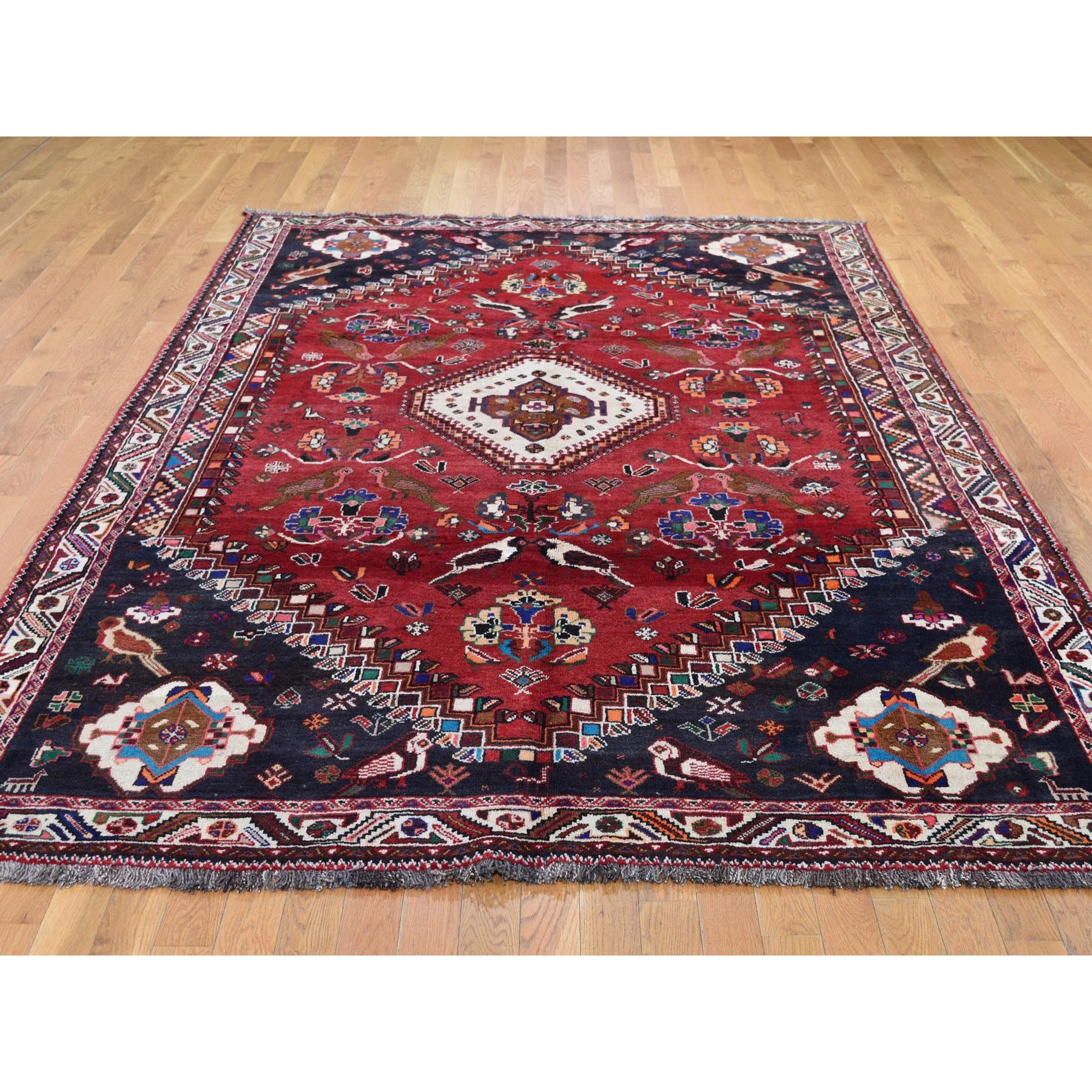 6-9 x10-2  Red New persian Shiraz With Birds Pure Wool Hand Knotted Oriental Rug 
