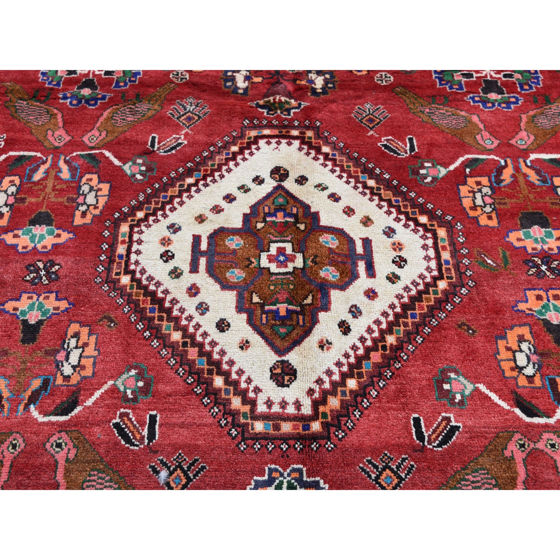 6-9 x10-2  Red New persian Shiraz With Birds Pure Wool Hand Knotted Oriental Rug 