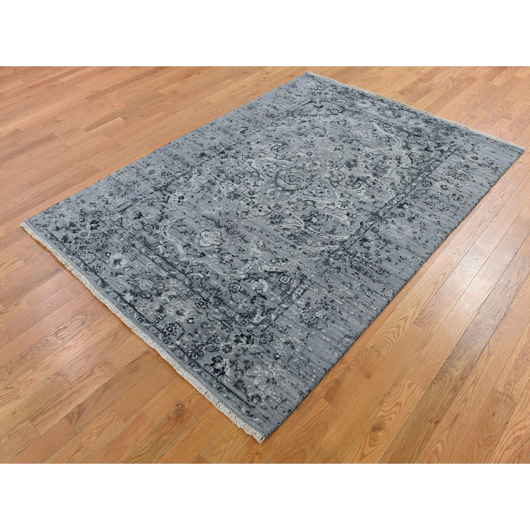 5-1 x7-2  Gray Broken Persian Erased Design Silk With Textured Wool Hand Knotted Oriental Rug 