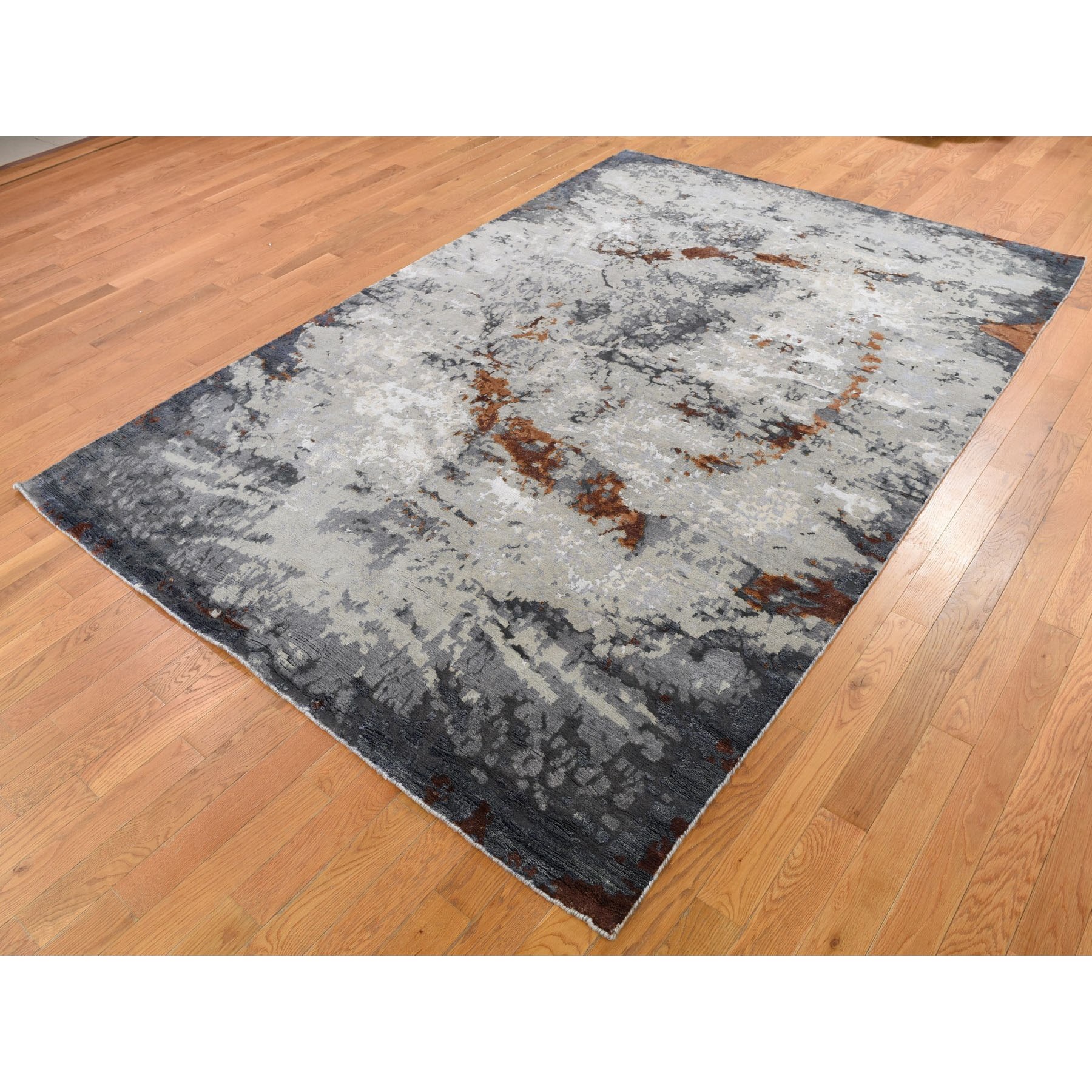 6-x9-1  Hi-Low Pile Abstract Design Wool And Silk Hand Knotted Oriental Rug 