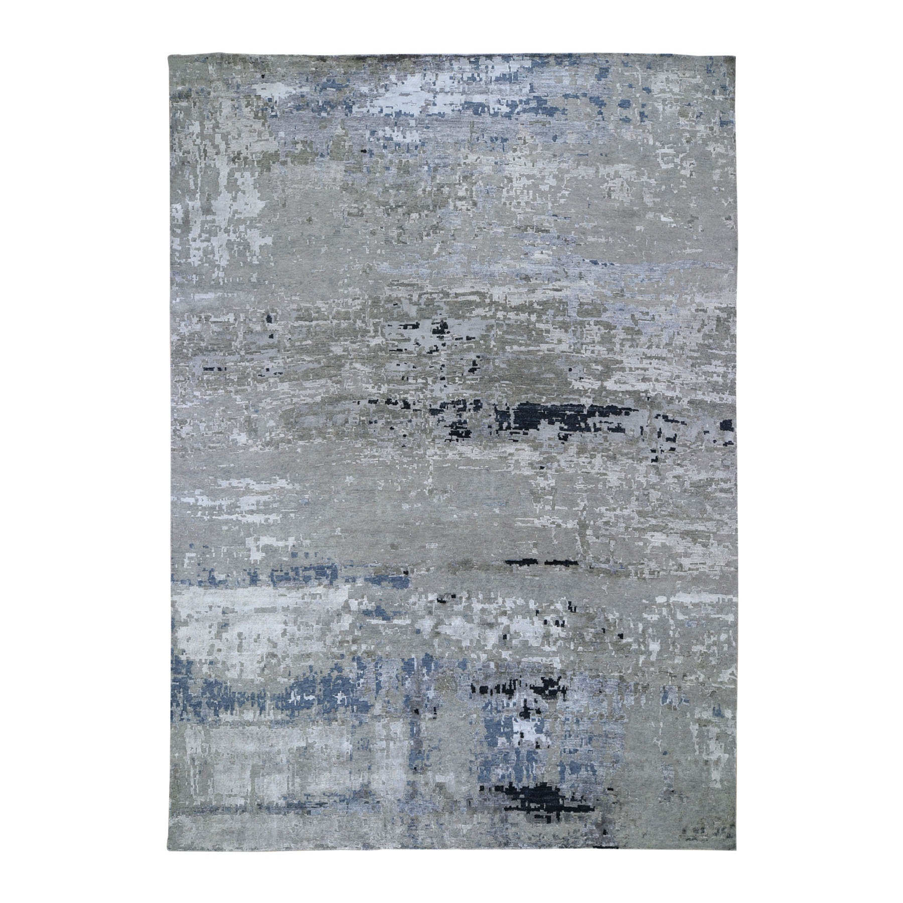 10'X13'10" Hand Knotted Gray Abstract Design Wool And Silk Hi-Low Pile Oriental Rug moad7ec8