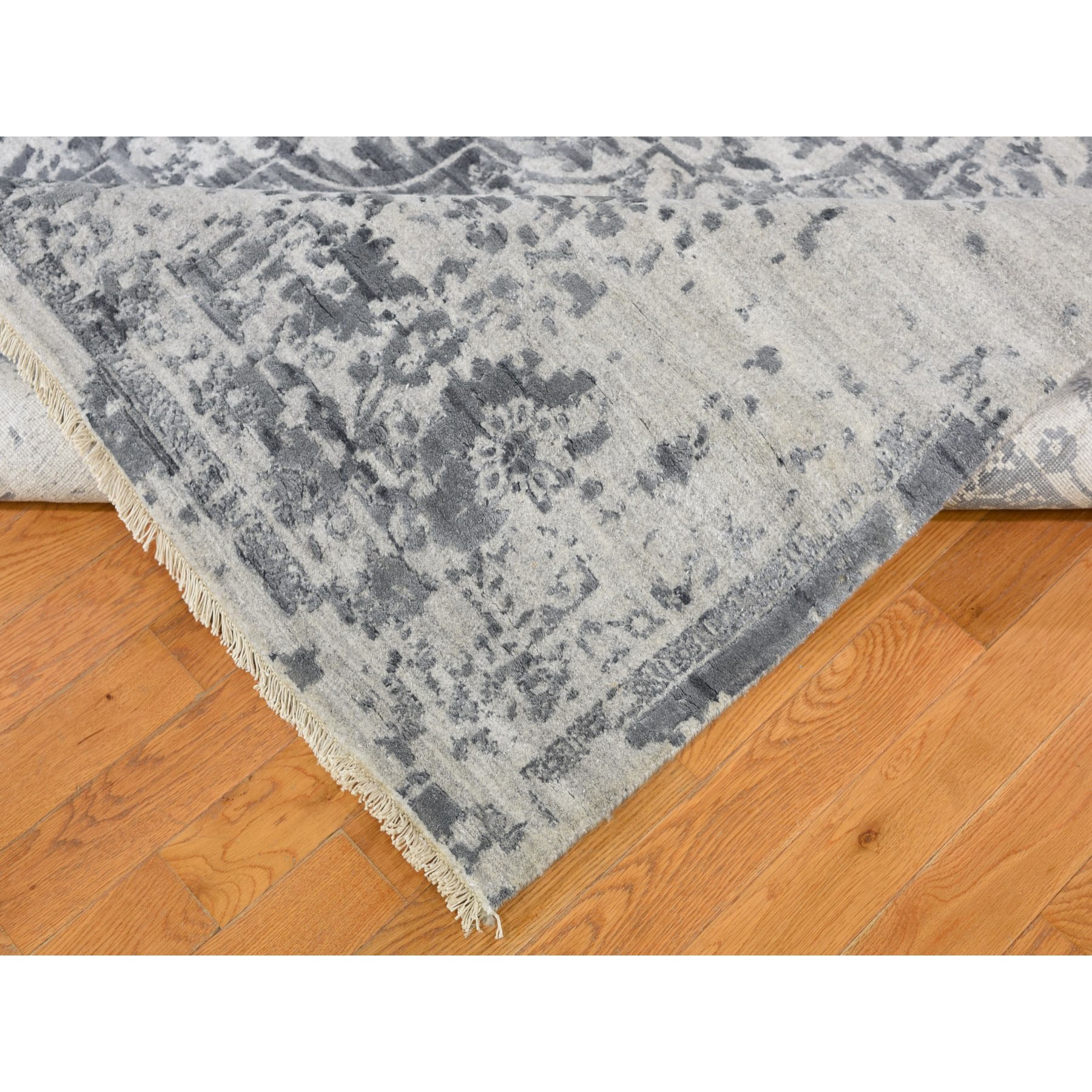 10-x14- Silver-Dark Gray Erased Persian Design Wool and Pure Silk Hand Knotted Oriental Rug 