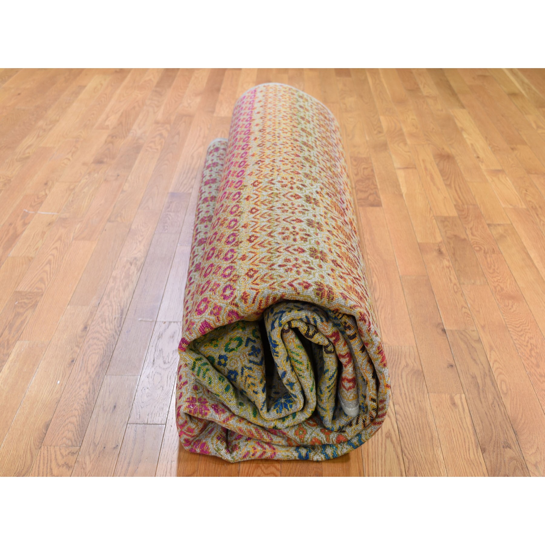 10-x14- Colorful Grass Design Sari Silk Textured Wool Modern Hand Knotted Oriental Rug 