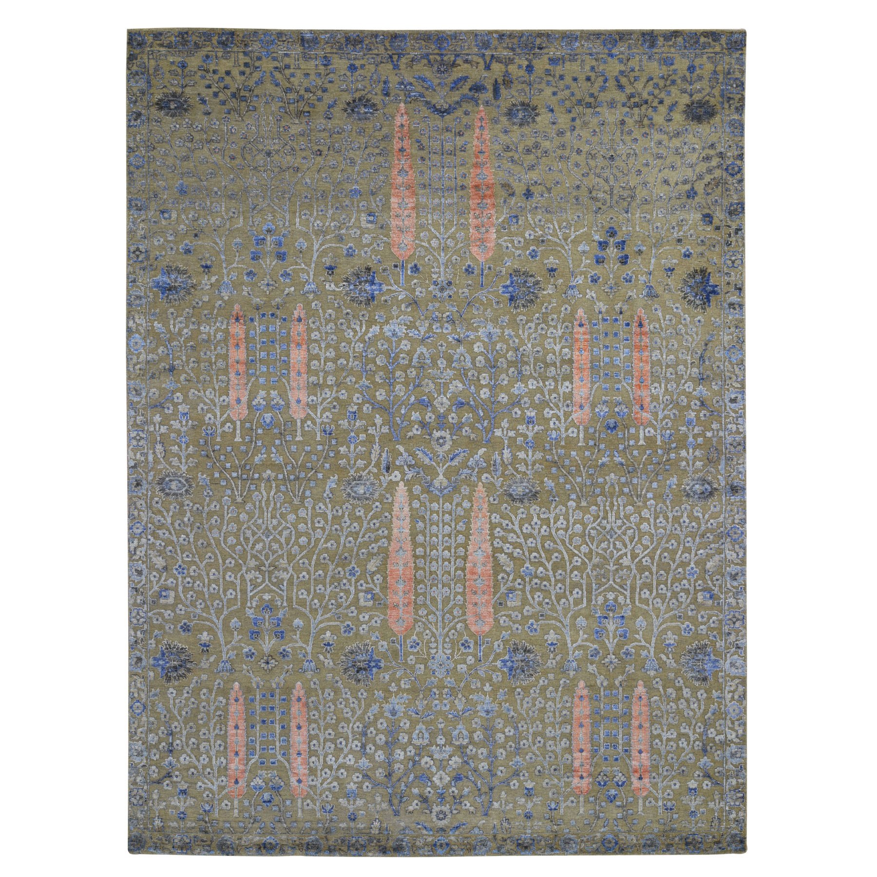 9-x12- Cypress Tree Design Silk With Textured Wool Hand Knotted Oriental Rug 